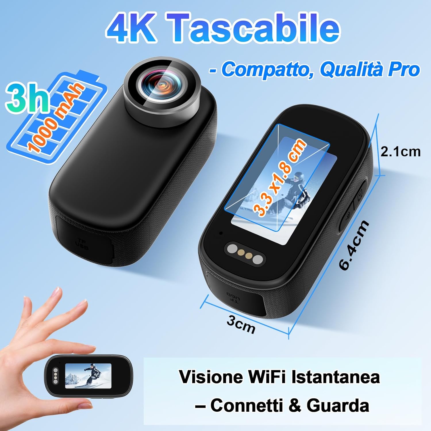 Mini Action Cam 4K UHD WiFi con Schermo 64GB - immagine 2