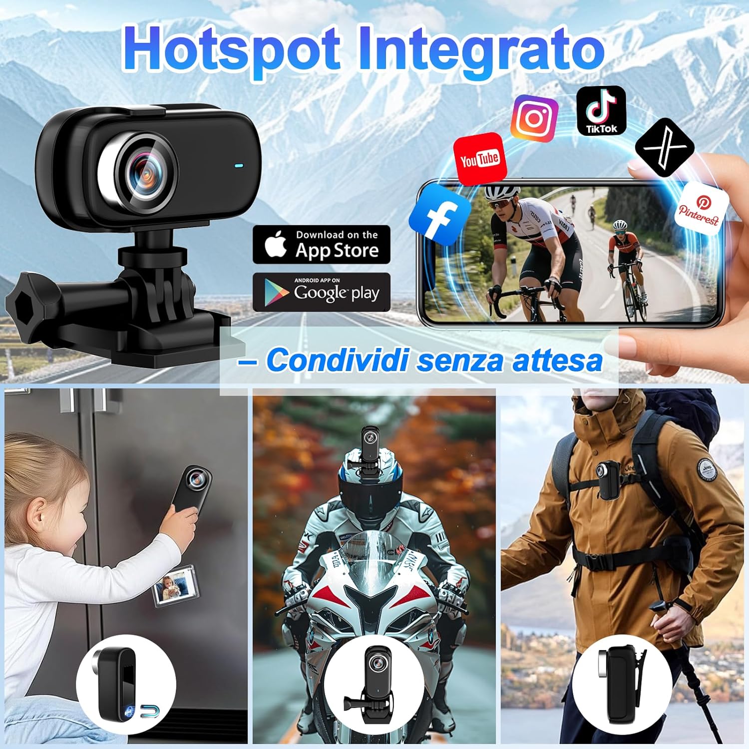Mini Action Cam 4K UHD WiFi con Schermo 64GB - immagine 3