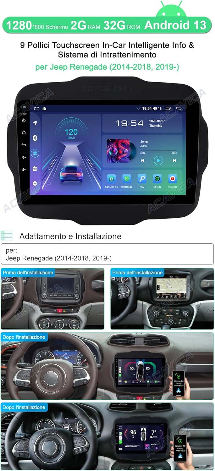 Autoradio Android 13 Wireless Carplay per Jeep Renegade - immagine 2