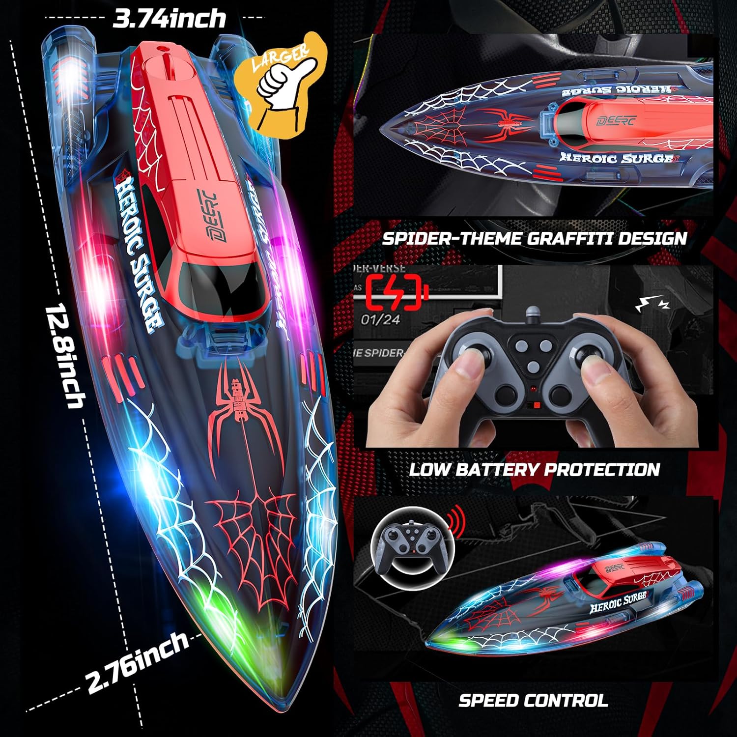 DEERC Barca Telecomandata 13 pollici con Luci LED - immagine 2