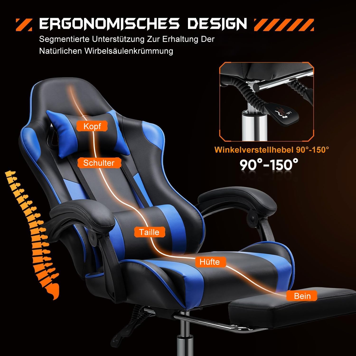 DUMOS Sedia da Gioco, Nero e Blu, Standard - immagine 4