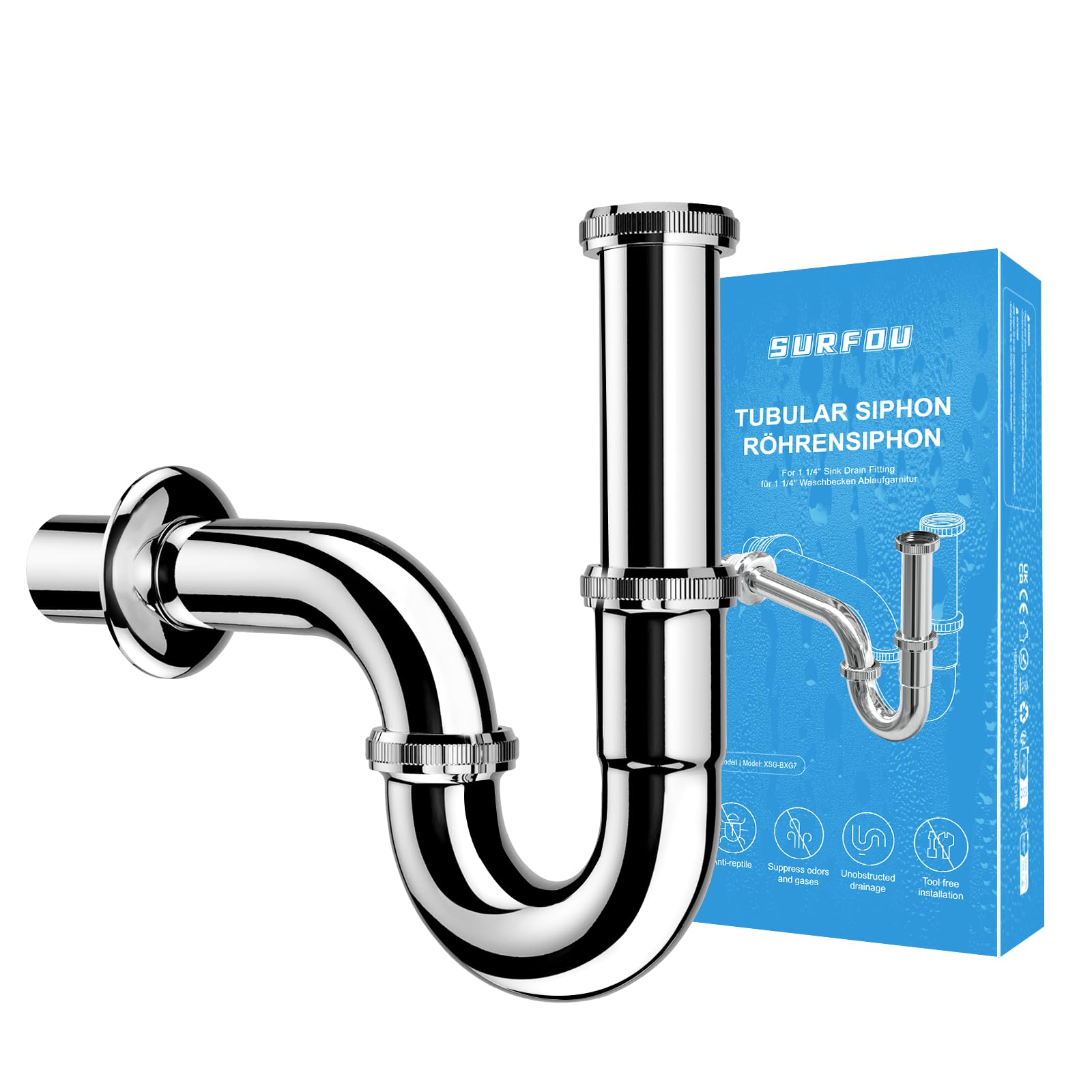 SURFOU Sifone Lavabo Bagno G 1 1/4" in Acciaio Inox