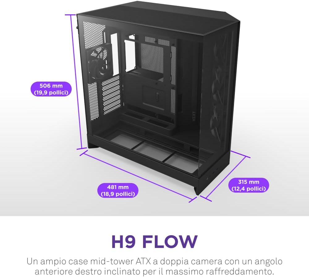Nzxt H9 Flow - Case PC ATX Mid-Tower, Nero - immagine 2