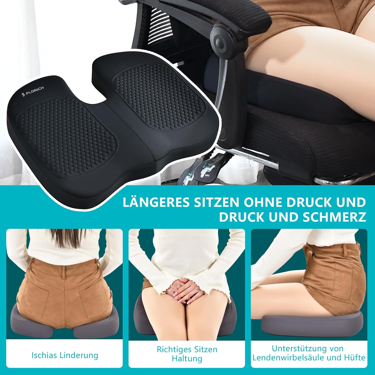 Florich Set 3 Cuscini Ergonomici Memory Foam, Nero - immagine 3