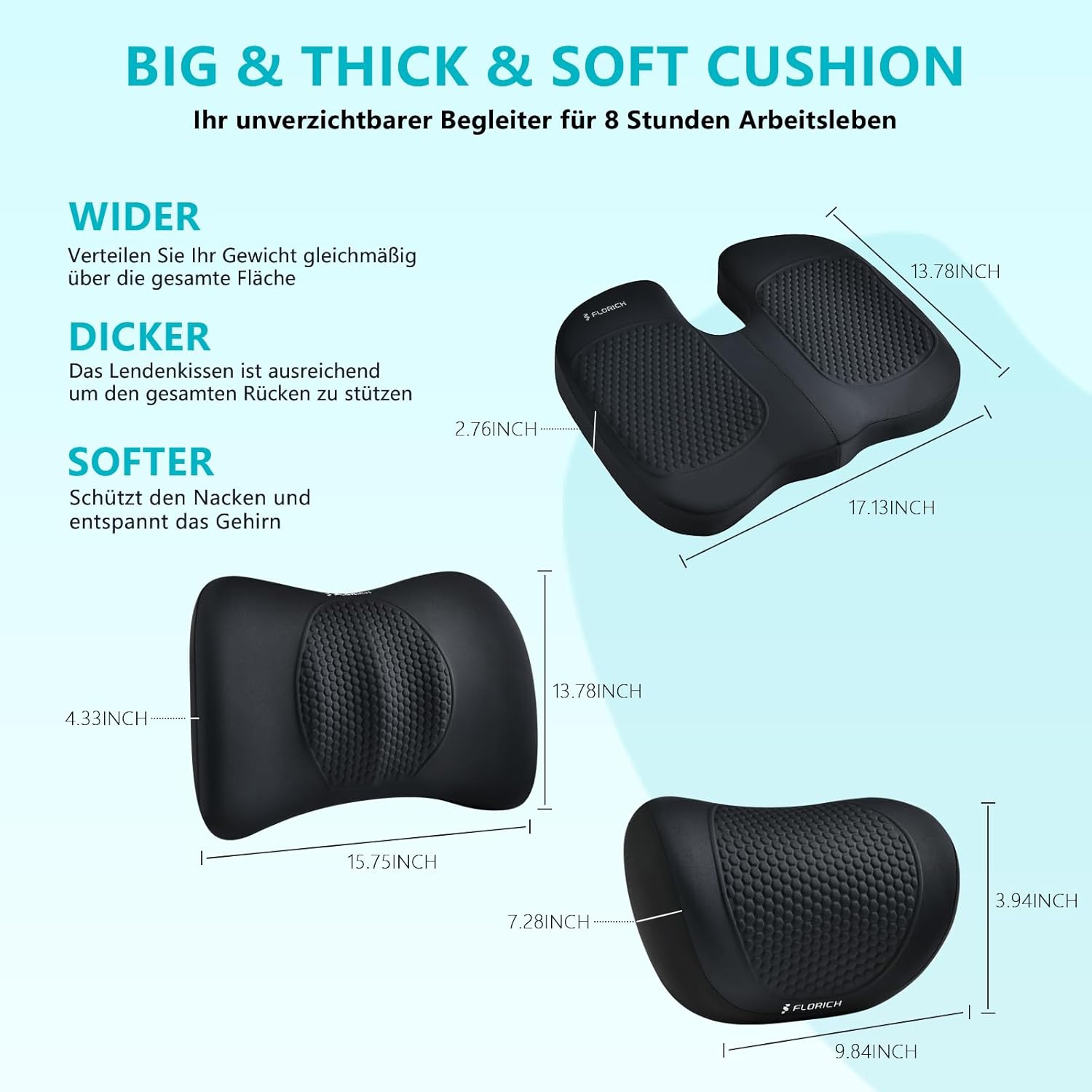 Florich Set 3 Cuscini Ergonomici Memory Foam, Nero - immagine 5
