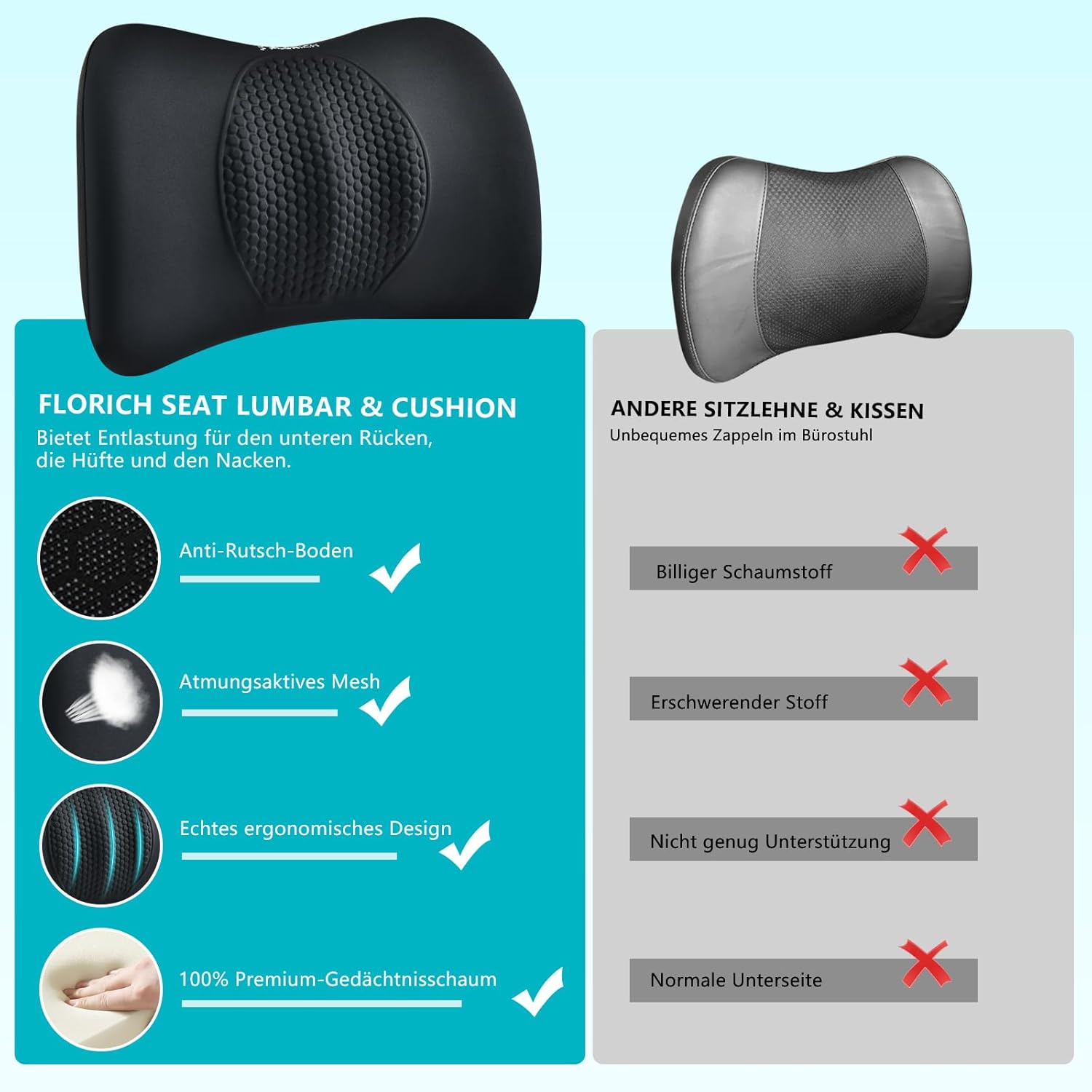 Florich Set 3 Cuscini Ergonomici Memory Foam, Nero - immagine 8