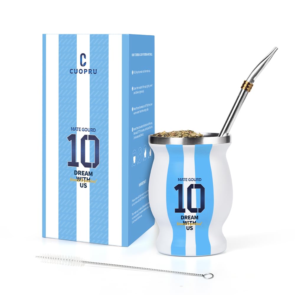 Argentina Captain No.10 Yerba Mate Zucca, a doppia parete in acciaio inox, isolamento sottovuoto, tazza per mantenere caldo/ghiaccio, caffè, acqua, tè e birra, con cannuccia Bombilla, spazzola per la