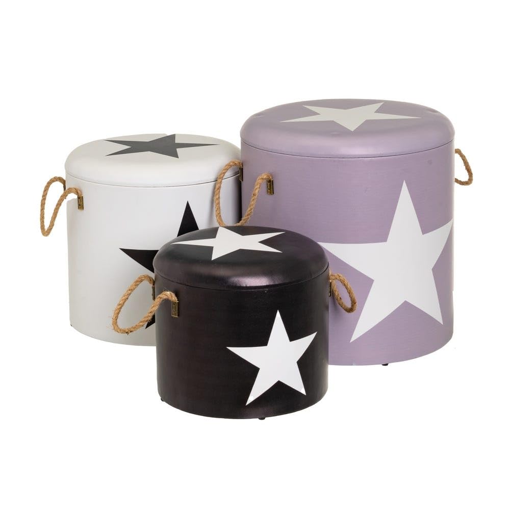 Set di 3 pouf arcon in PU e MDF in bianco e naturale