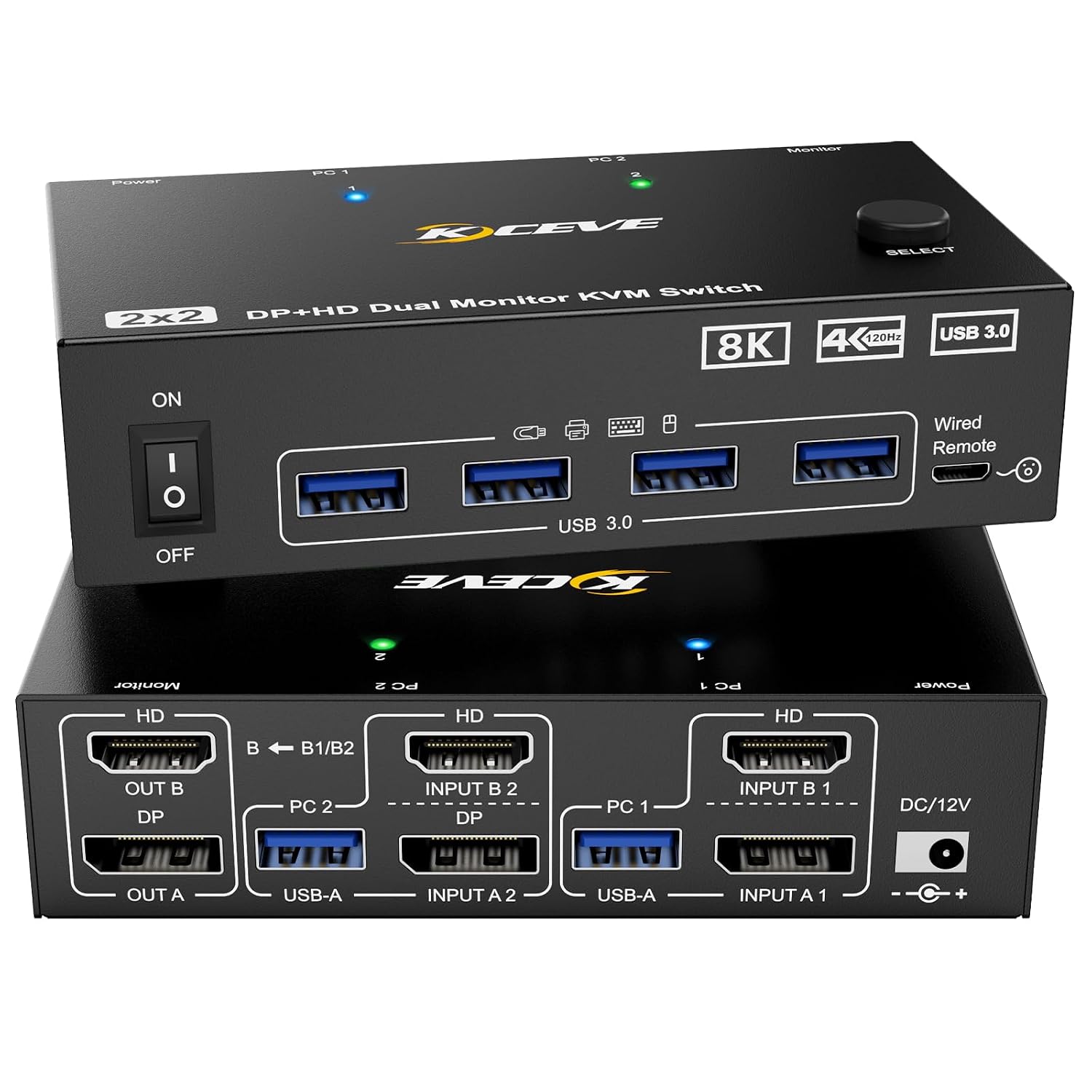 KVM Switch 2 Monitor 2 PC 8K DisplayPort + HDMI USB 3.0 | Kceve | Velz