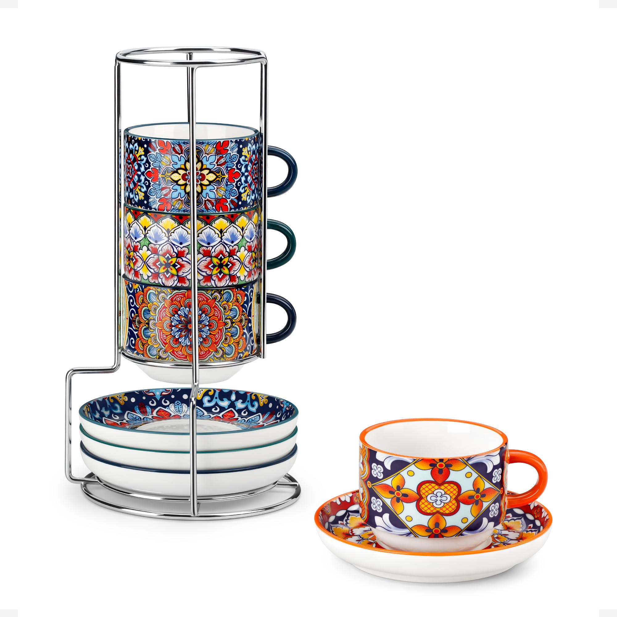 vancasso SIMI Set di 8 Tazzine Caffè con Piattino - 150 ML - Tazzina da Caffè in Ceramica per 4 Persone - con Supporto in Metallo - per Latte, Cappuccino e Espresso, Sicuro in Microonde, Stile Boho