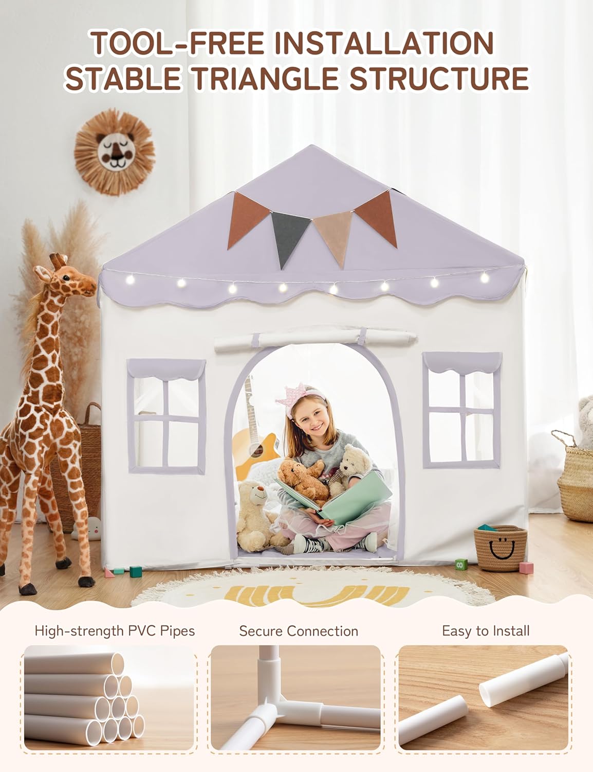 Besrey Tenda per Bambini 2 in 1, Casetta da Gioco Lavanda - immagine 4