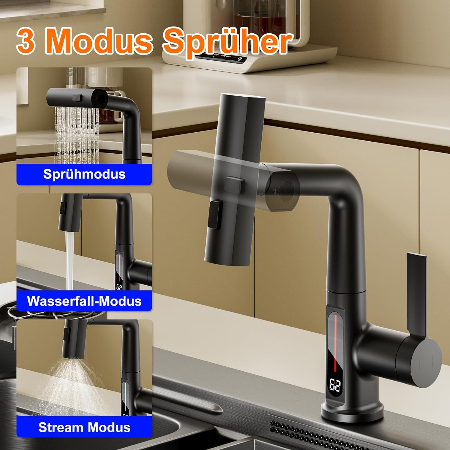 Rubinetto Cucina con Doccetta Estraibile LED, Nero - immagine 3