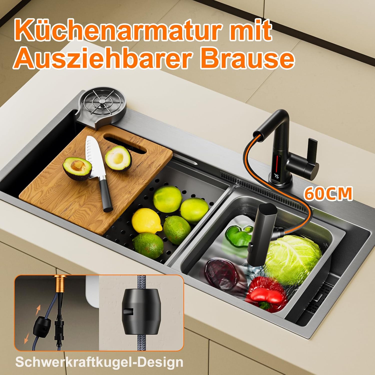 Rubinetto Cucina con Doccetta Estraibile LED, Nero - immagine 4