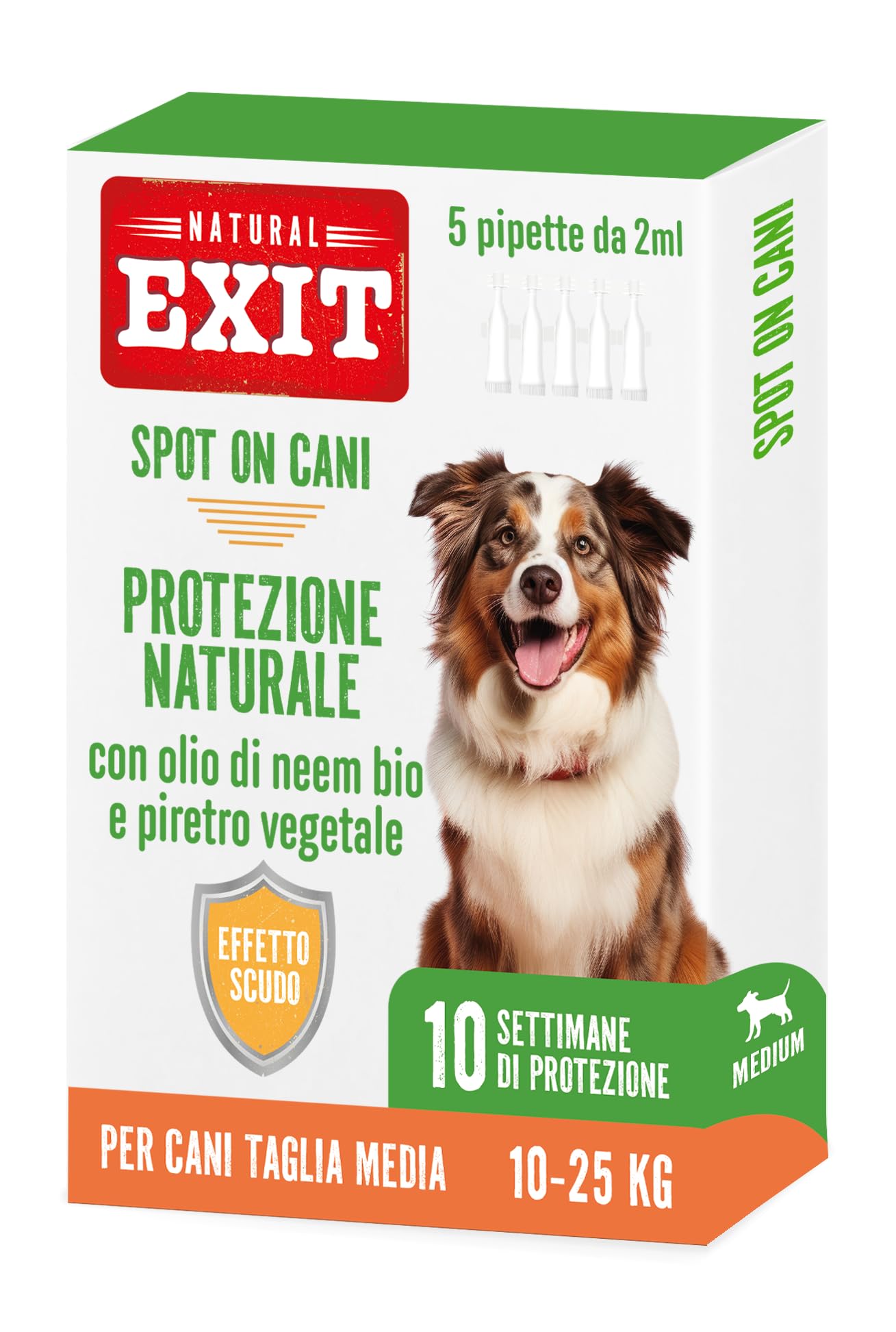 Natural Exit - Spot On Antiparassitario Naturale Per Cani, 5 Pipette Richiudibili Lunga Durata, Protegge Da Parassiti, Zecche, Pulci, Pidocchi (10-25 Kg - Taglia Media)