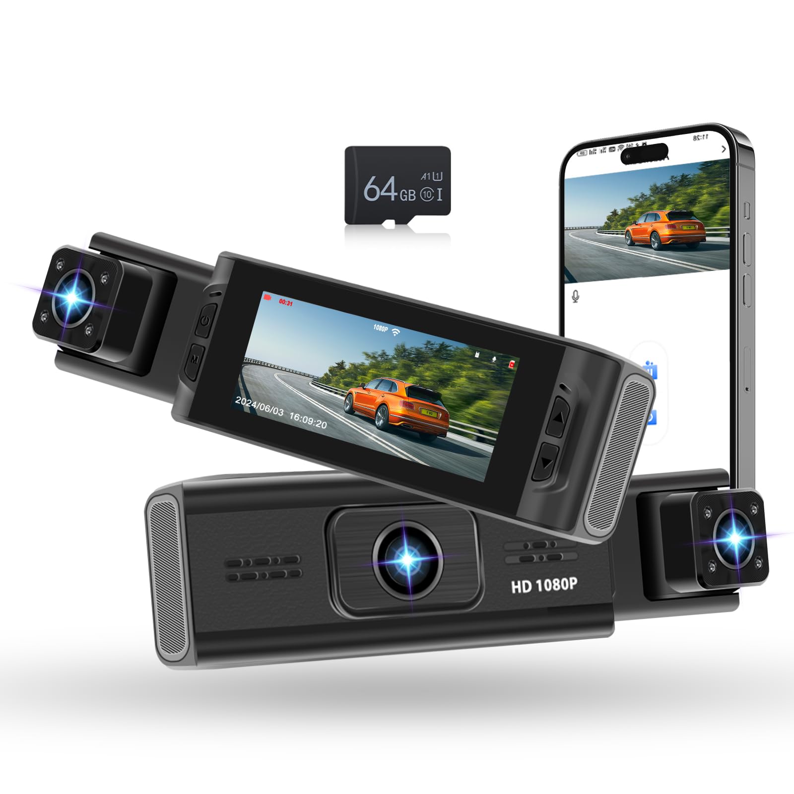 Hodozzy Dash Cam Doppia Telecamera 1080P WiFi 3,16 Pollici