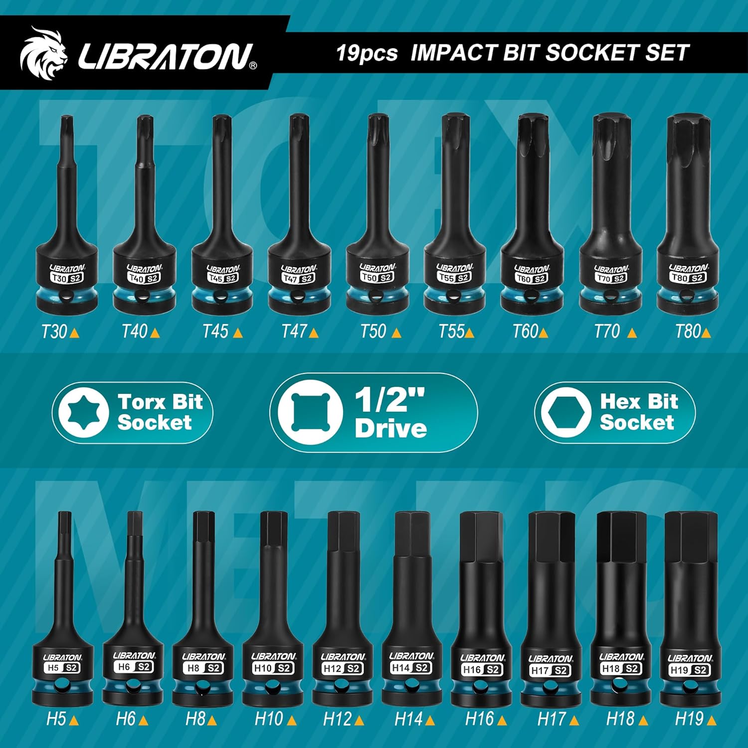 Libraton Set 19 Bussole a Impatto Esagonali e Torx 1/2" - immagine 5