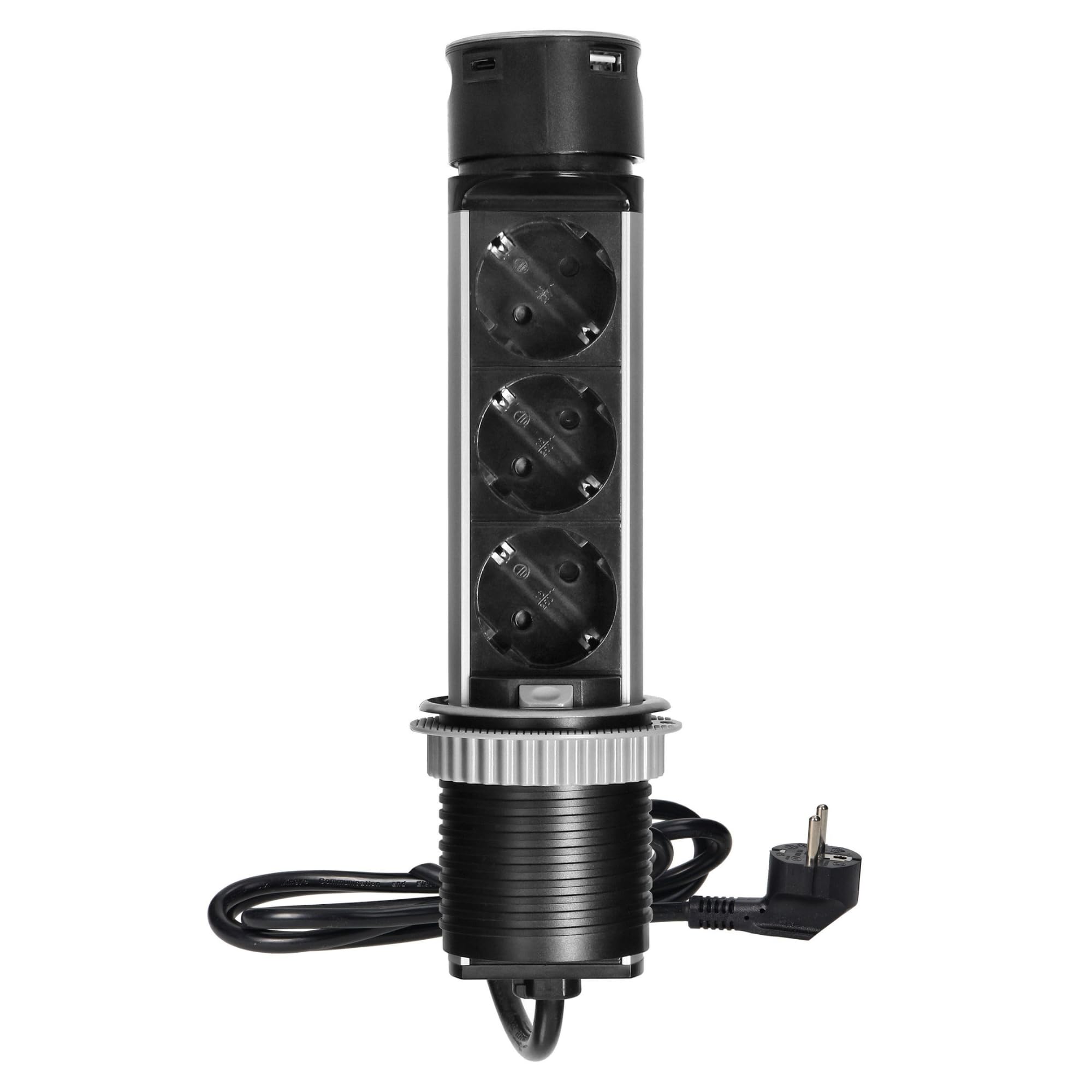 Miratic Torretta Multipresa Ø6cm 3x2P+T Schuko 2xUSB A e C Cavo da 1,5m INOX