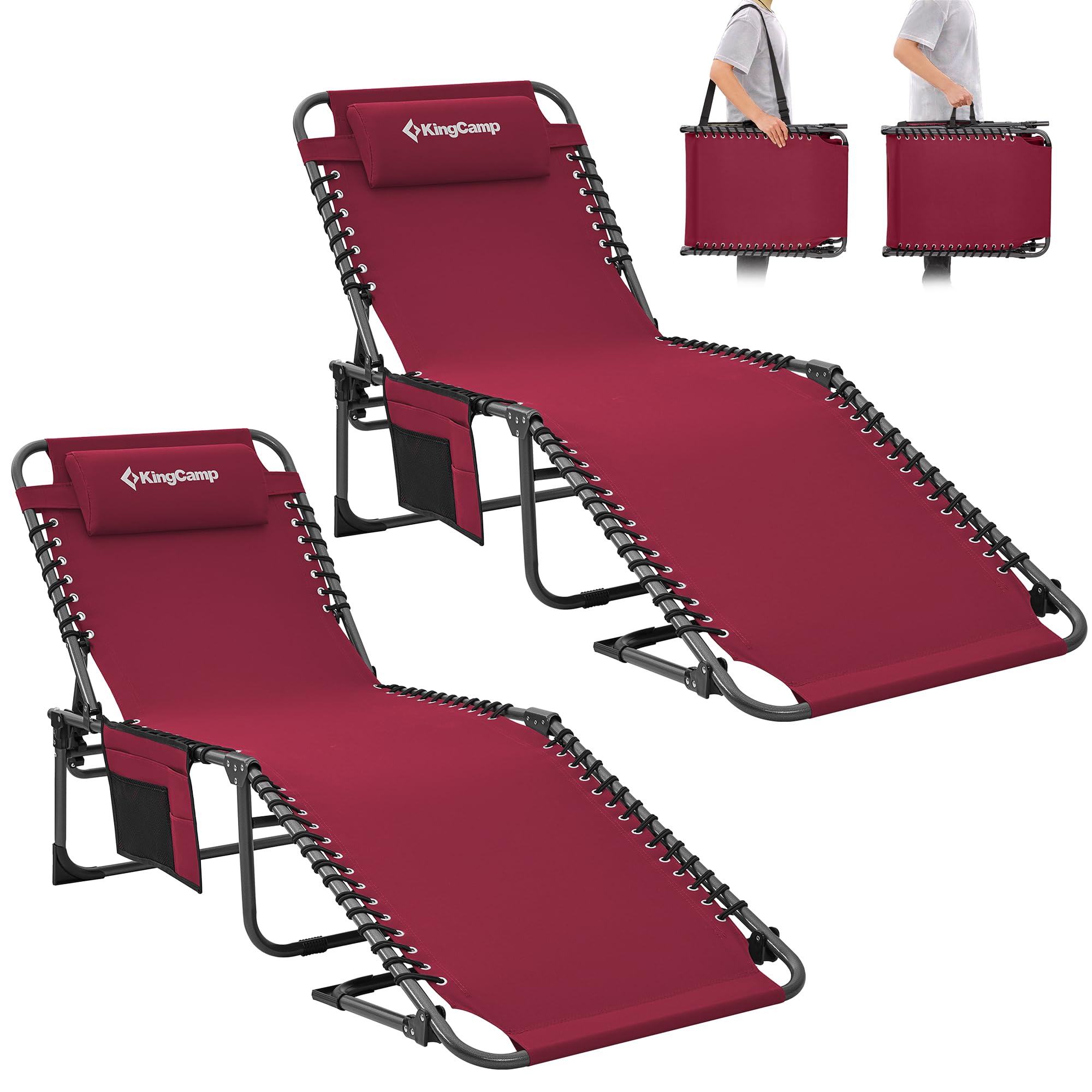 KingCamp Lettino Prendisole Confezione Doppia Rosso Pieghevole Regolabile in 4 Posizioni Multiuso Brandina Sedia Sdraio Lettino Prendisole da Giardino Stabile Carico 120kg