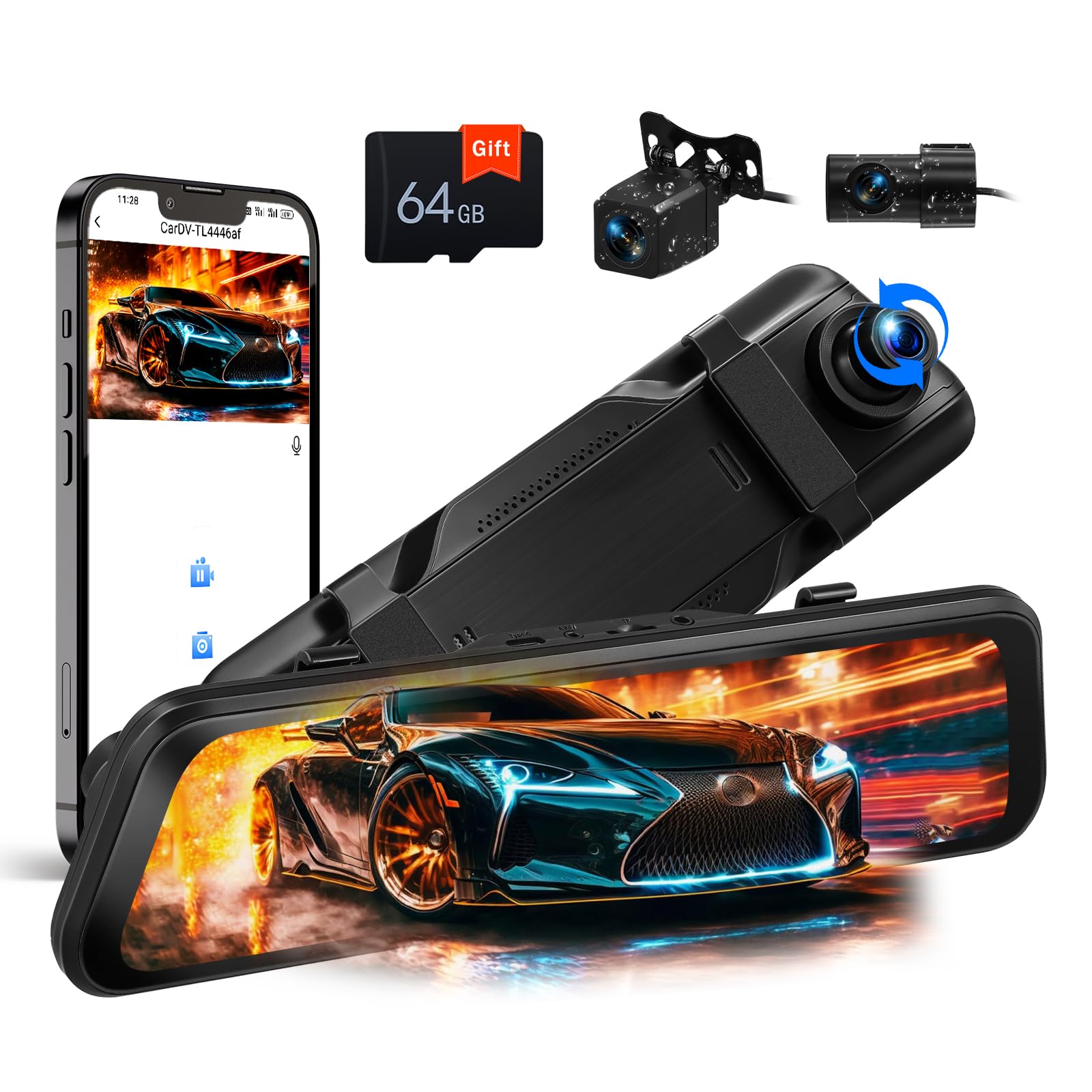 Camecho Mirror Dash Cam 2K con 3 Telecamere