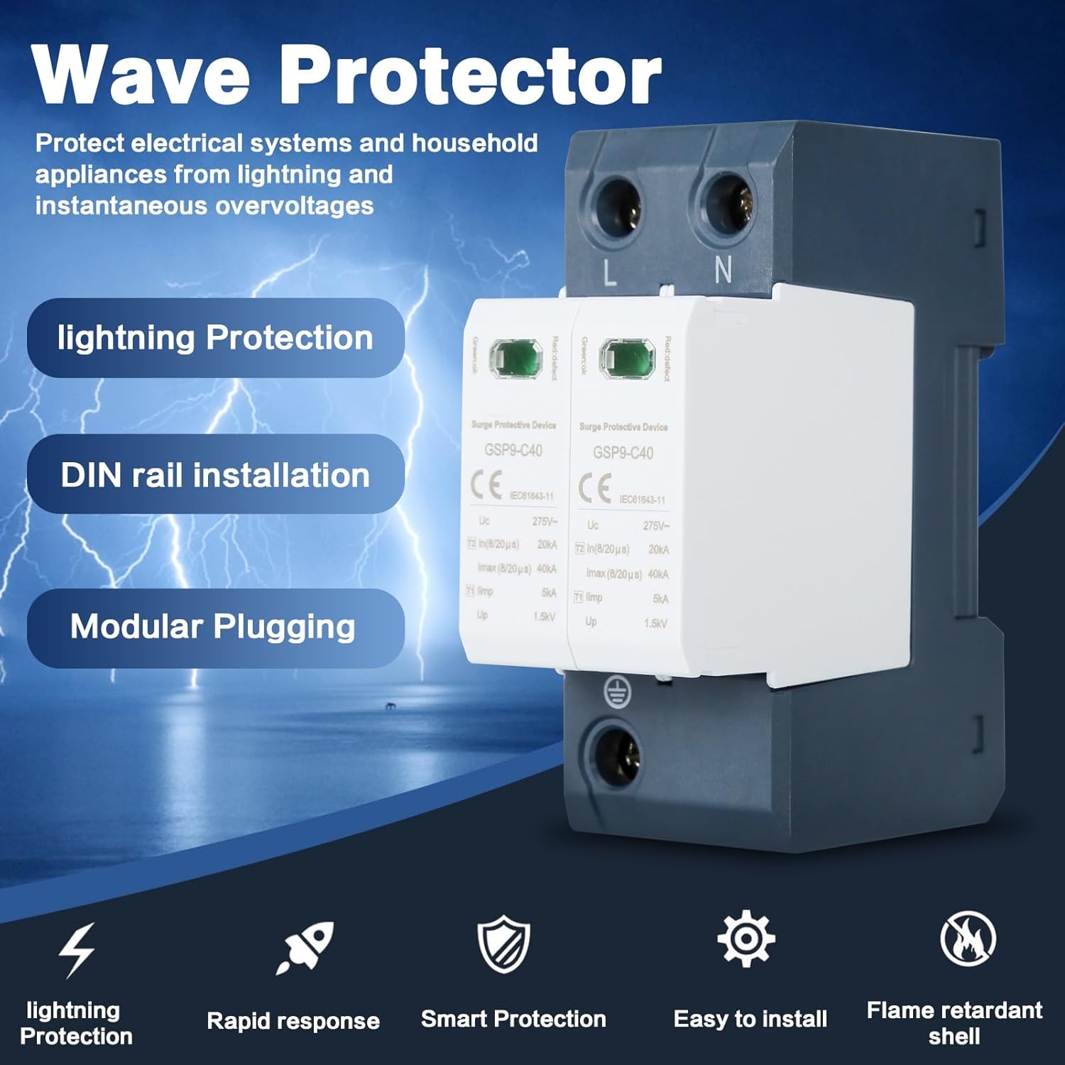 DEWIN Scaricatore di Sovratensione 2P 40KA AC 275V - immagine 3