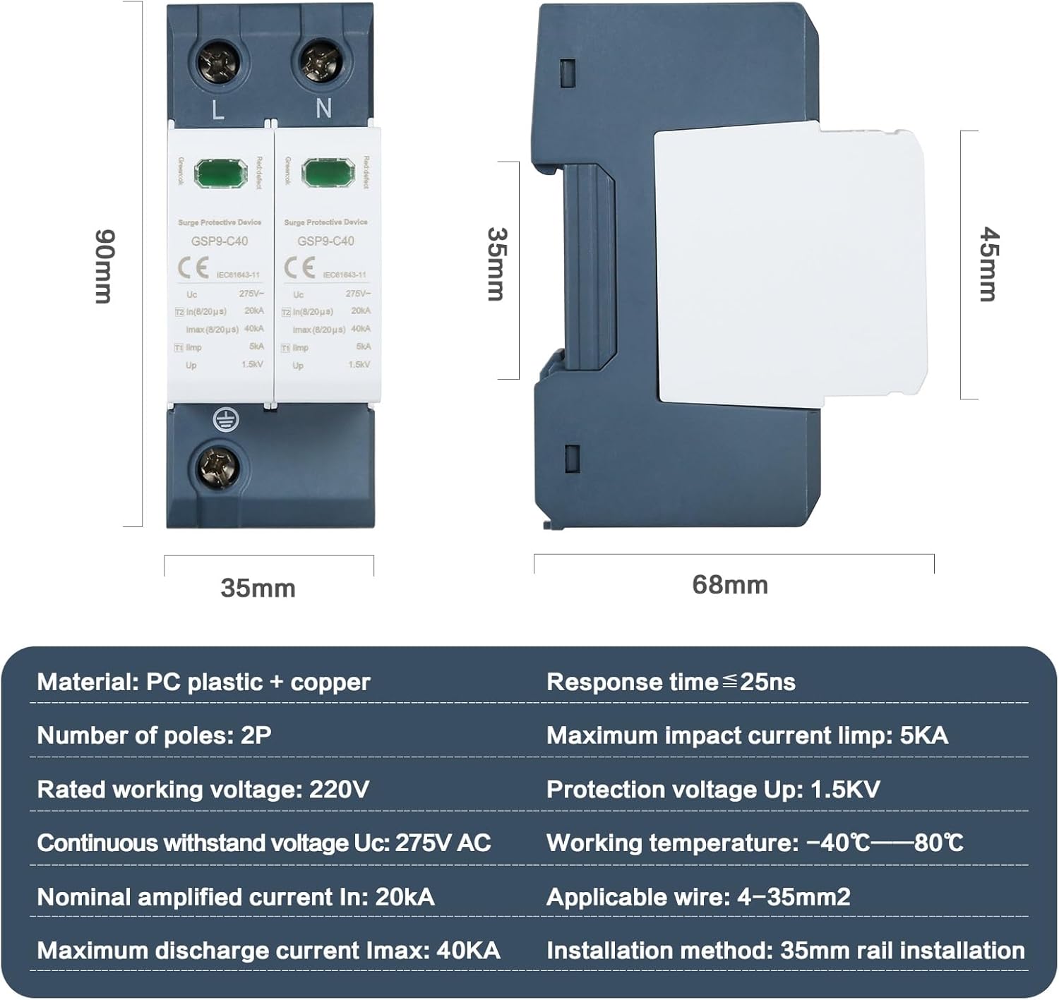 DEWIN Scaricatore di Sovratensione 2P 40KA AC 275V - immagine 7