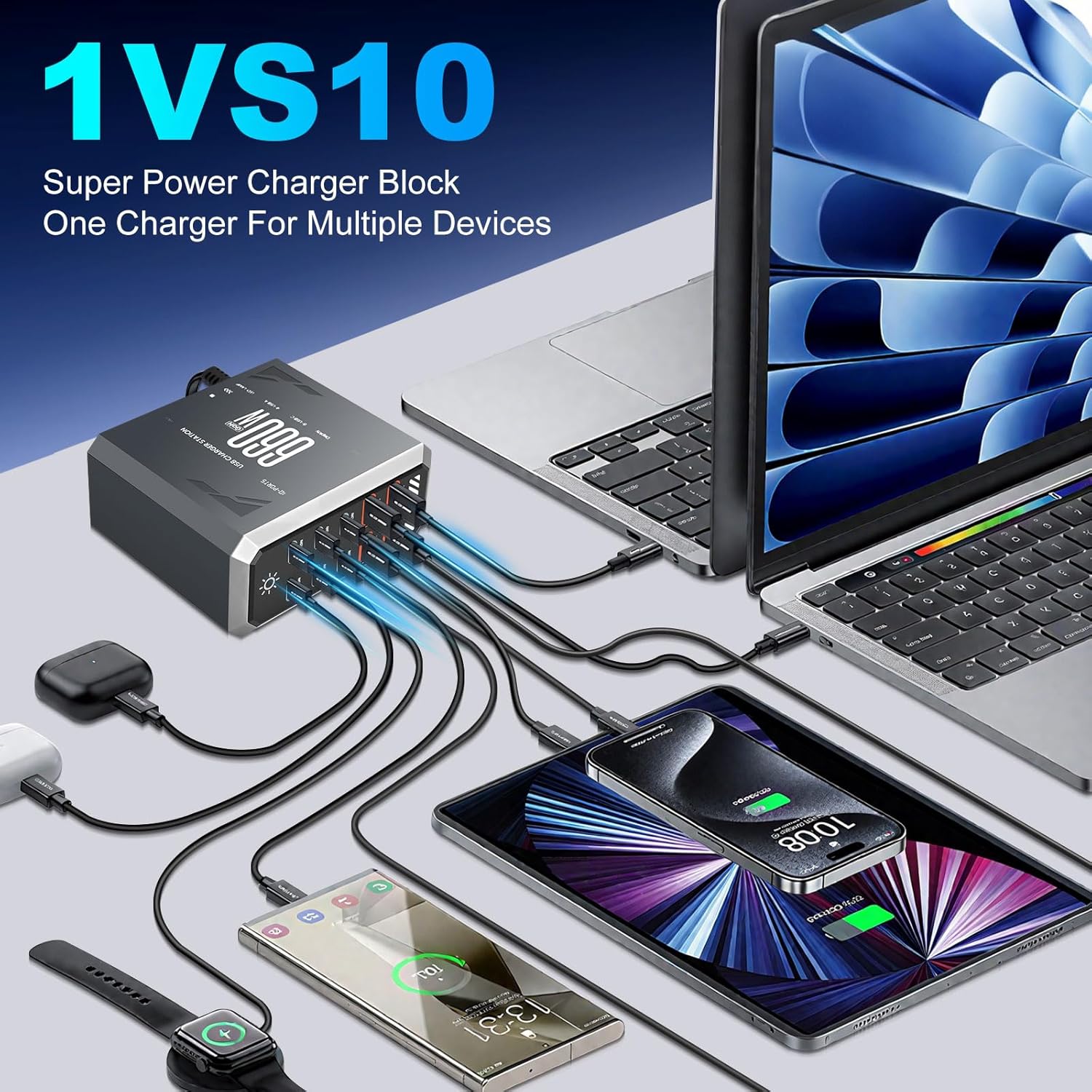 Caricatore USB C 10 in 1 GaN 660W Multiplo - immagine 3
