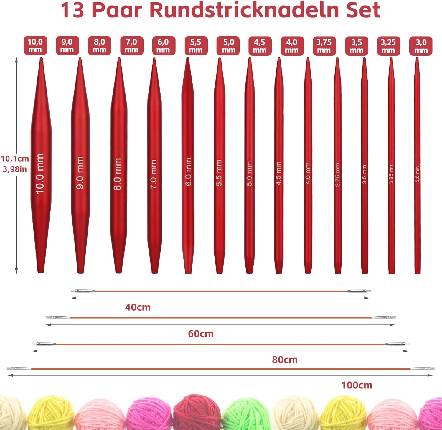 Coopay Ferri Circolari Intercambiabili 13 Paia, Rosso Opaco - immagine 2