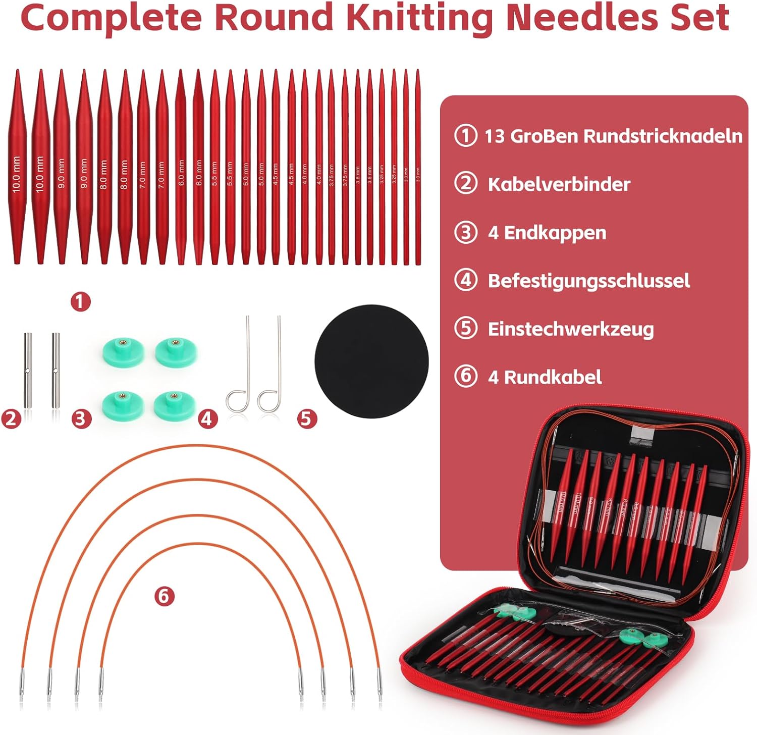 Coopay Ferri Circolari Intercambiabili 13 Paia, Rosso Opaco - immagine 3