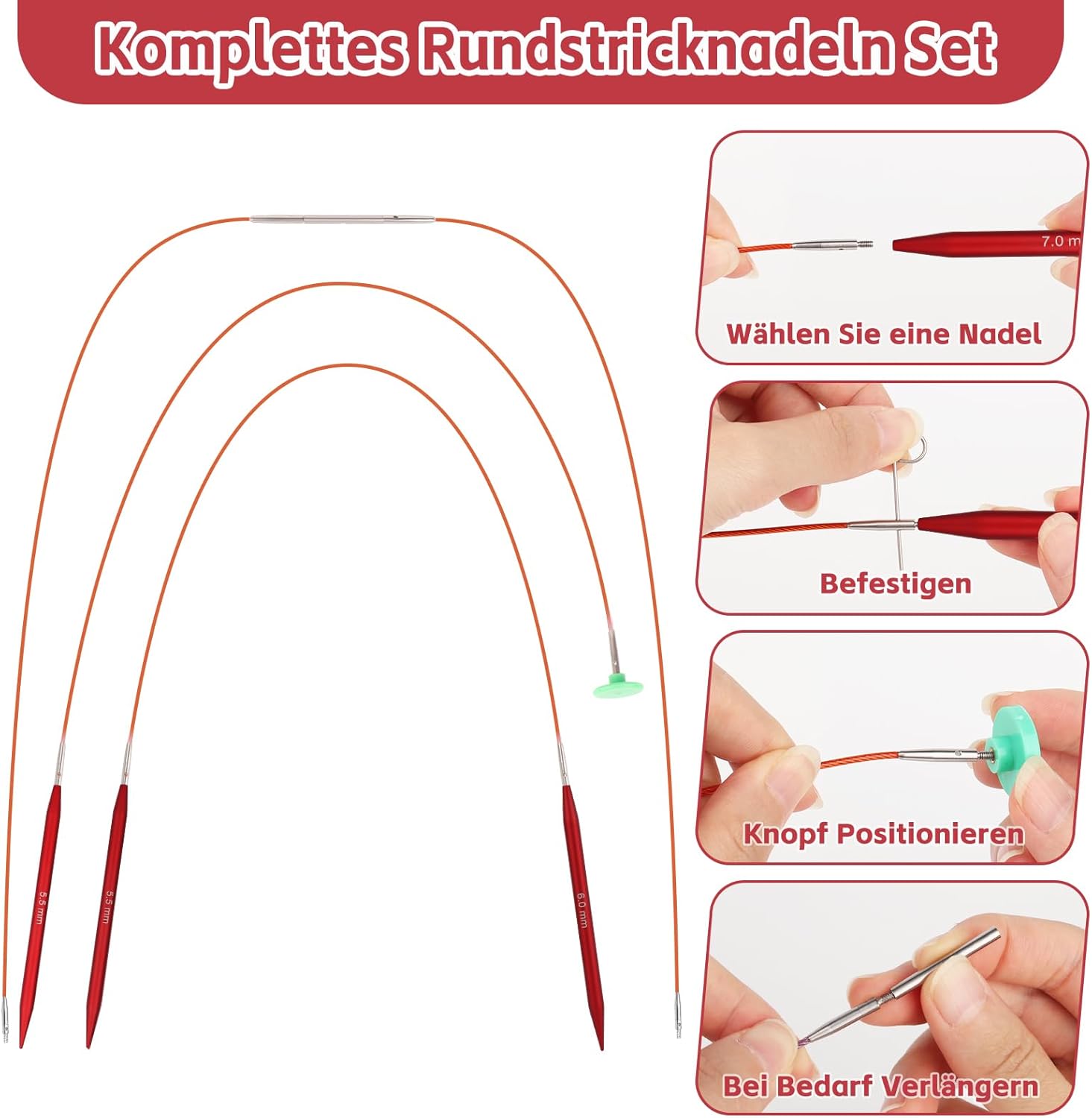 Coopay Ferri Circolari Intercambiabili 13 Paia, Rosso Opaco - immagine 4