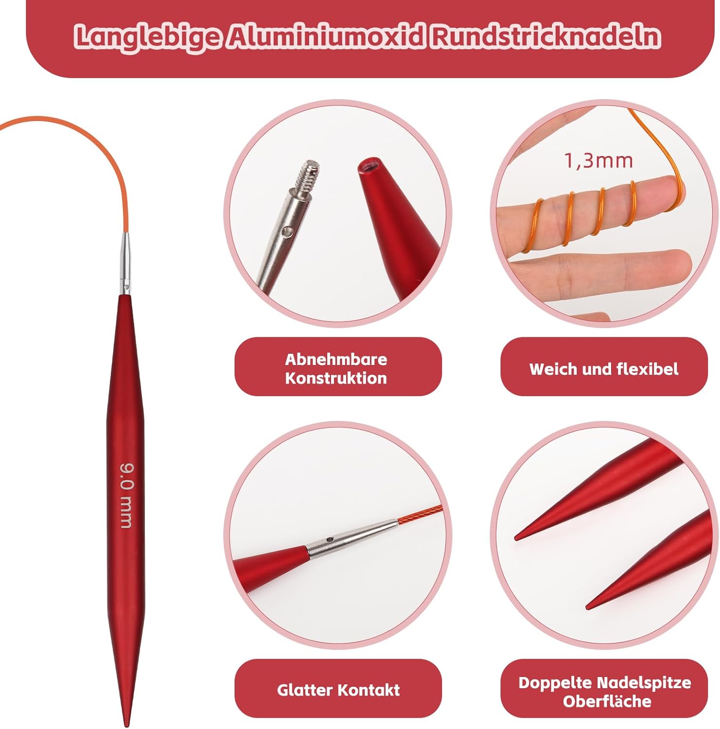 Coopay Ferri Circolari Intercambiabili 13 Paia, Rosso Opaco - immagine 5