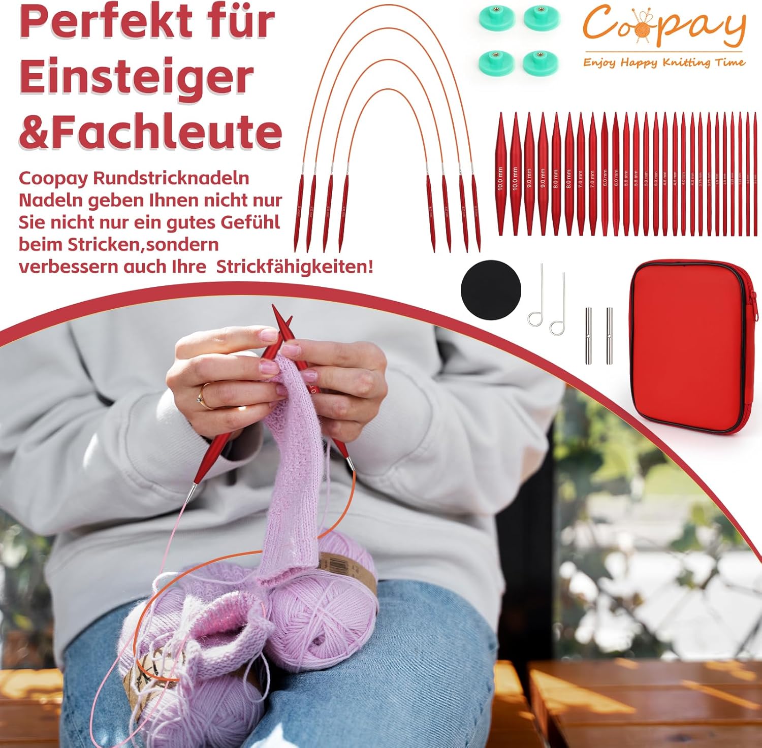 Coopay Ferri Circolari Intercambiabili 13 Paia, Rosso Opaco - immagine 6