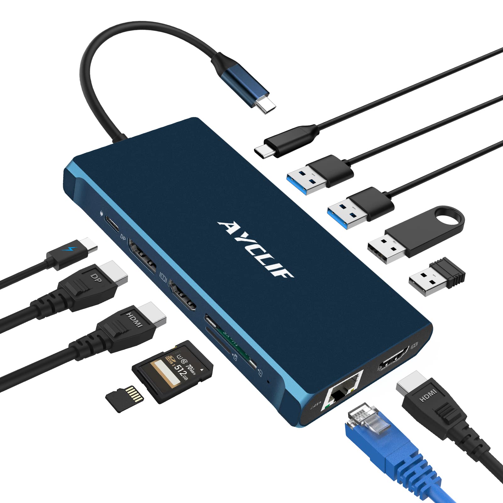 Ayclif 12 in 1 USB C Hub Triple Display 4K