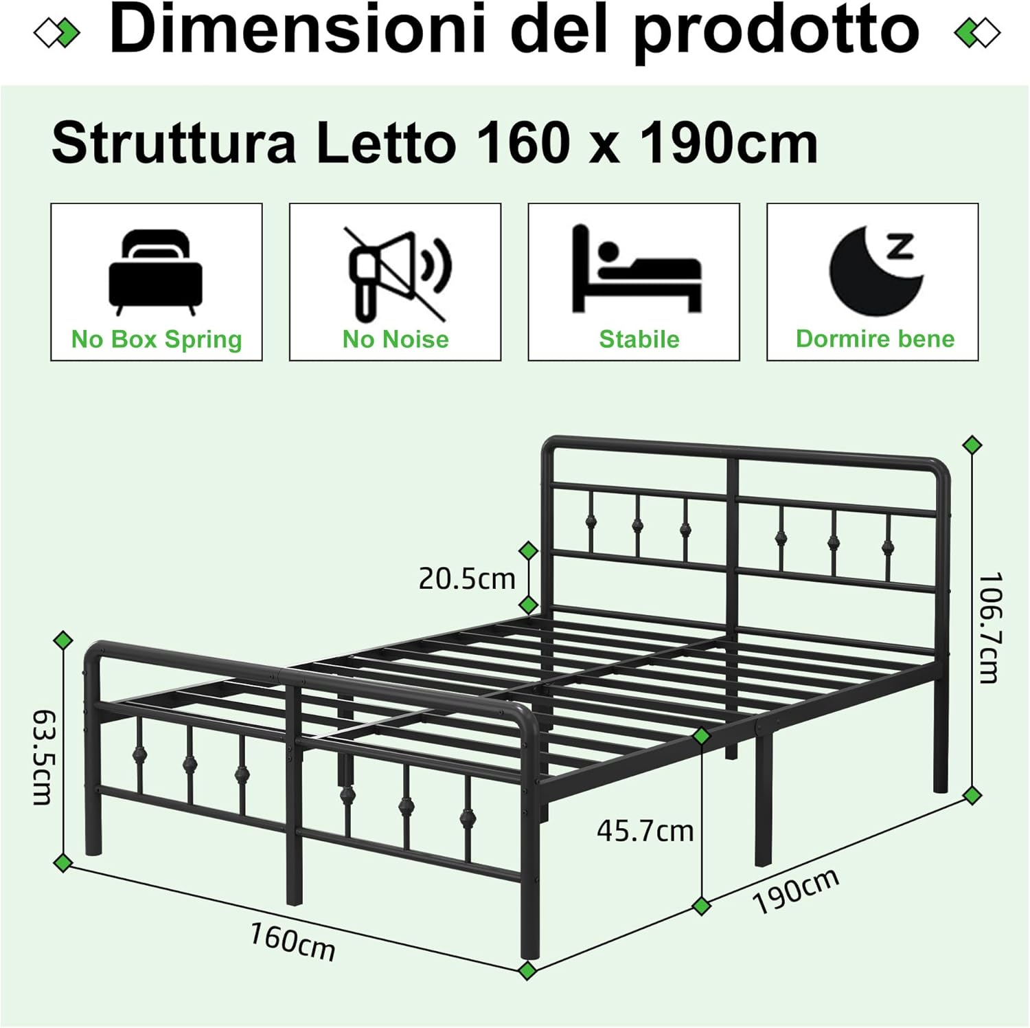 EMODA Letto in Metallo 120x190cm, Nero - immagine 2