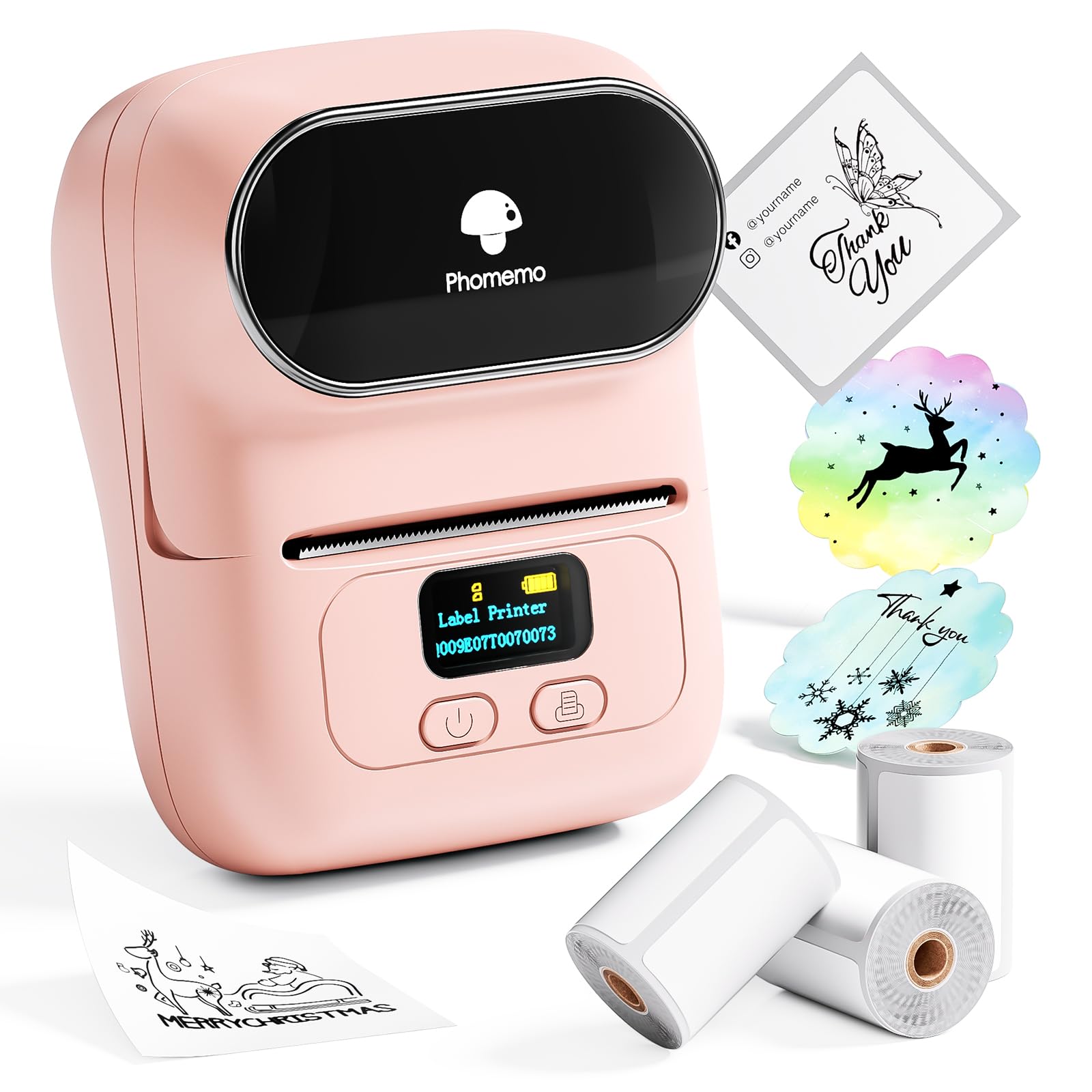 Phomemo M110 Etichettatrice Portatile Bluetooth Stampante Termica Etichette Adesive per iOS & Android,per piccole imprese,uffici,codici a barre,negozi,Label Printer set Con 3 Rotoli Etichette -Rosa
