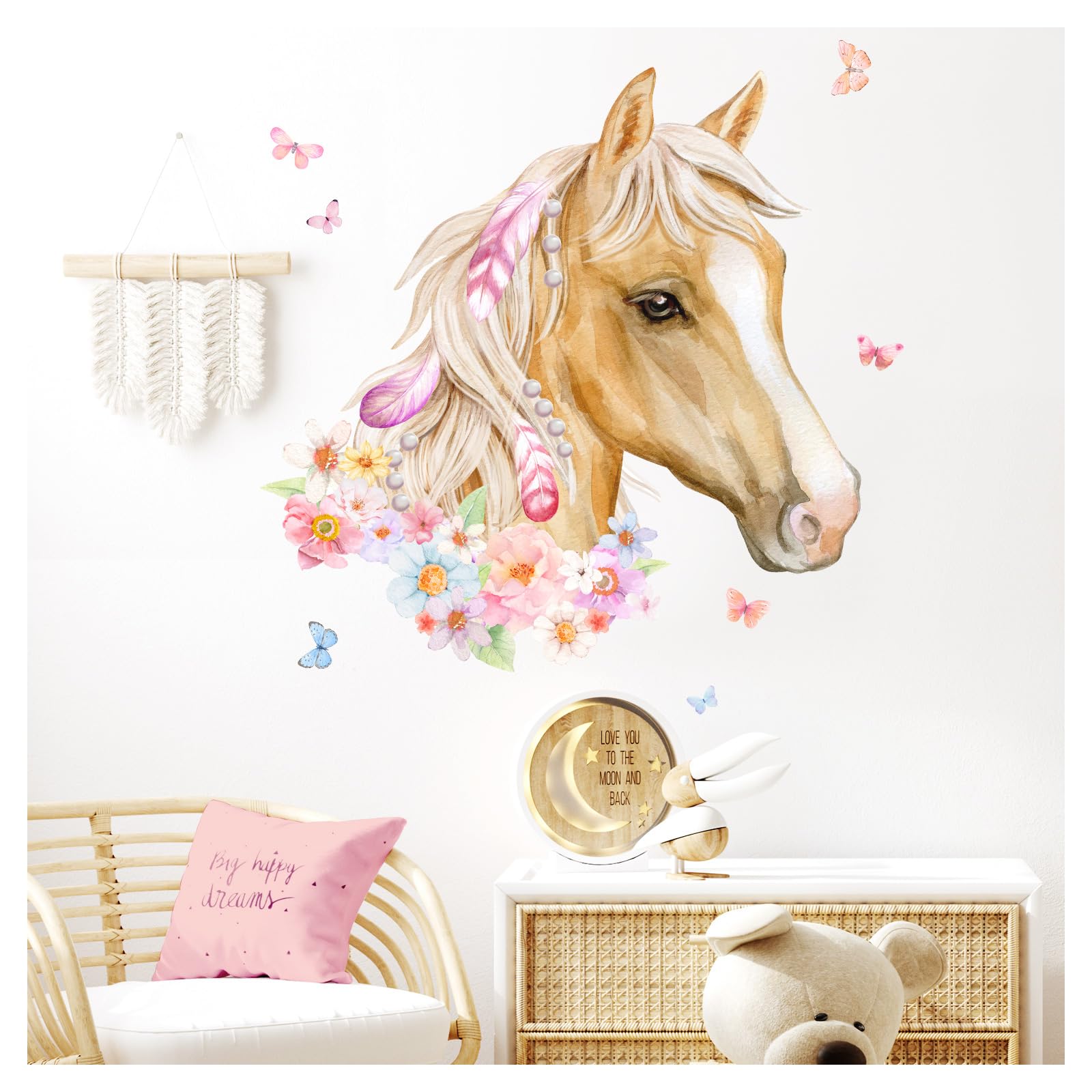 Graz Design DK1049-4 - Adesivo da parete con testa di cavallo e farfalle