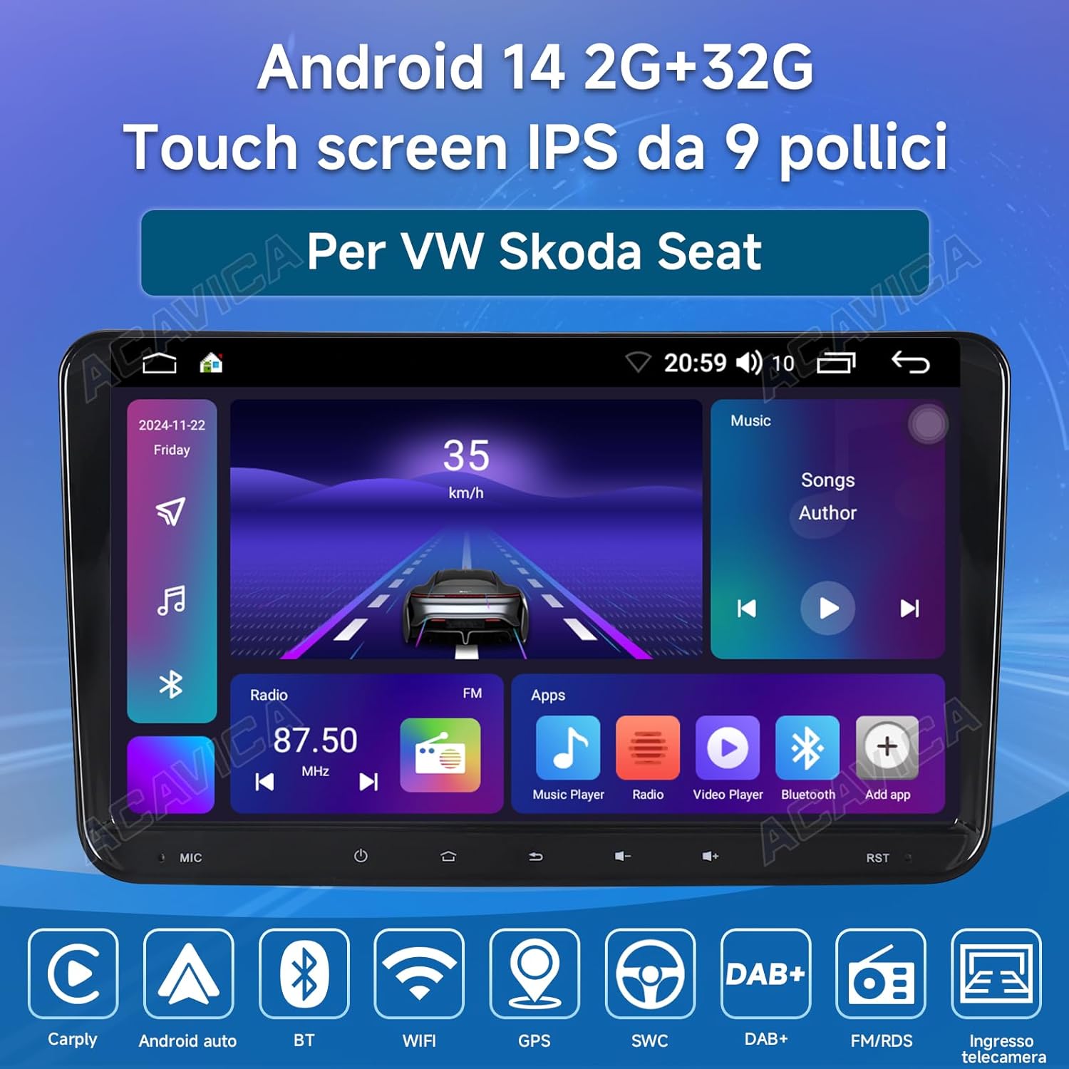 Autoradio Android 14 2 DIN per Golf 5 6 Polo - immagine 2