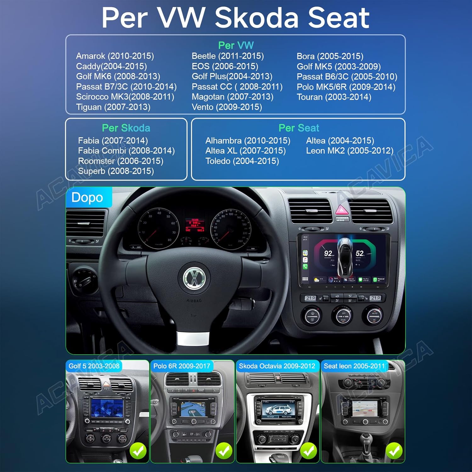 Autoradio Android 14 2 DIN per Golf 5 6 Polo - immagine 4