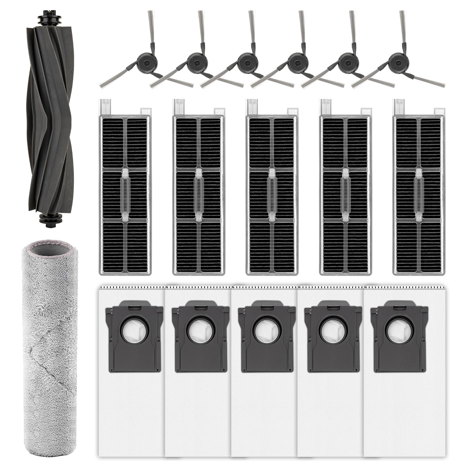 (18 Pezzi) Z50 Ultra Ricambi Compatibili con Mova Z5/ Z5 Pro Ultra Robot, 1 Spazzola Rullo, 1 Straccio a Cingoli, 5 Filtri HEPA, 5 Sacchetti per la Polvere, 6 Spazzole Laterali, Kit Accessori