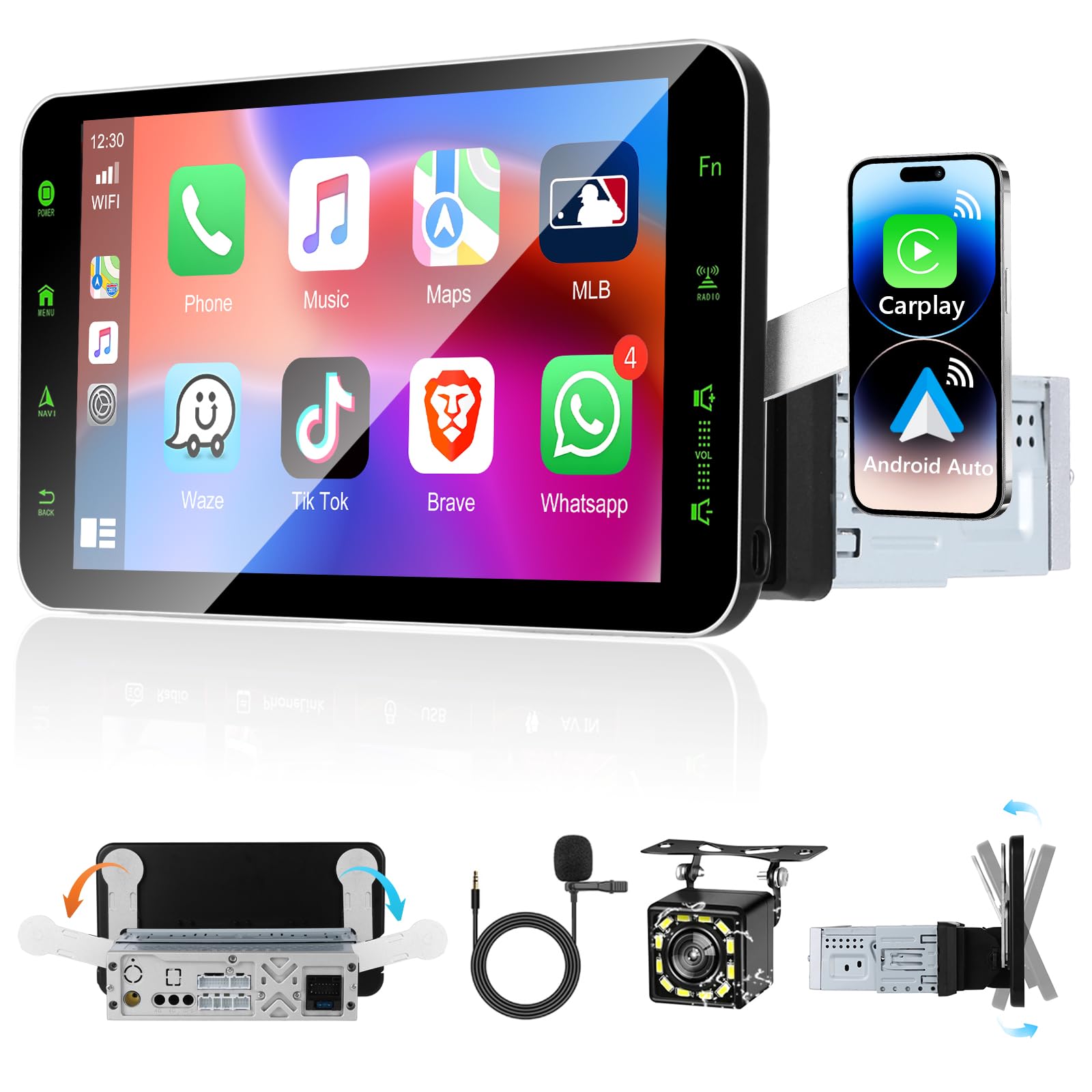 Podofo Autoradio 1 DIN 9'' HD con CarPlay/Android Auto Wireless
