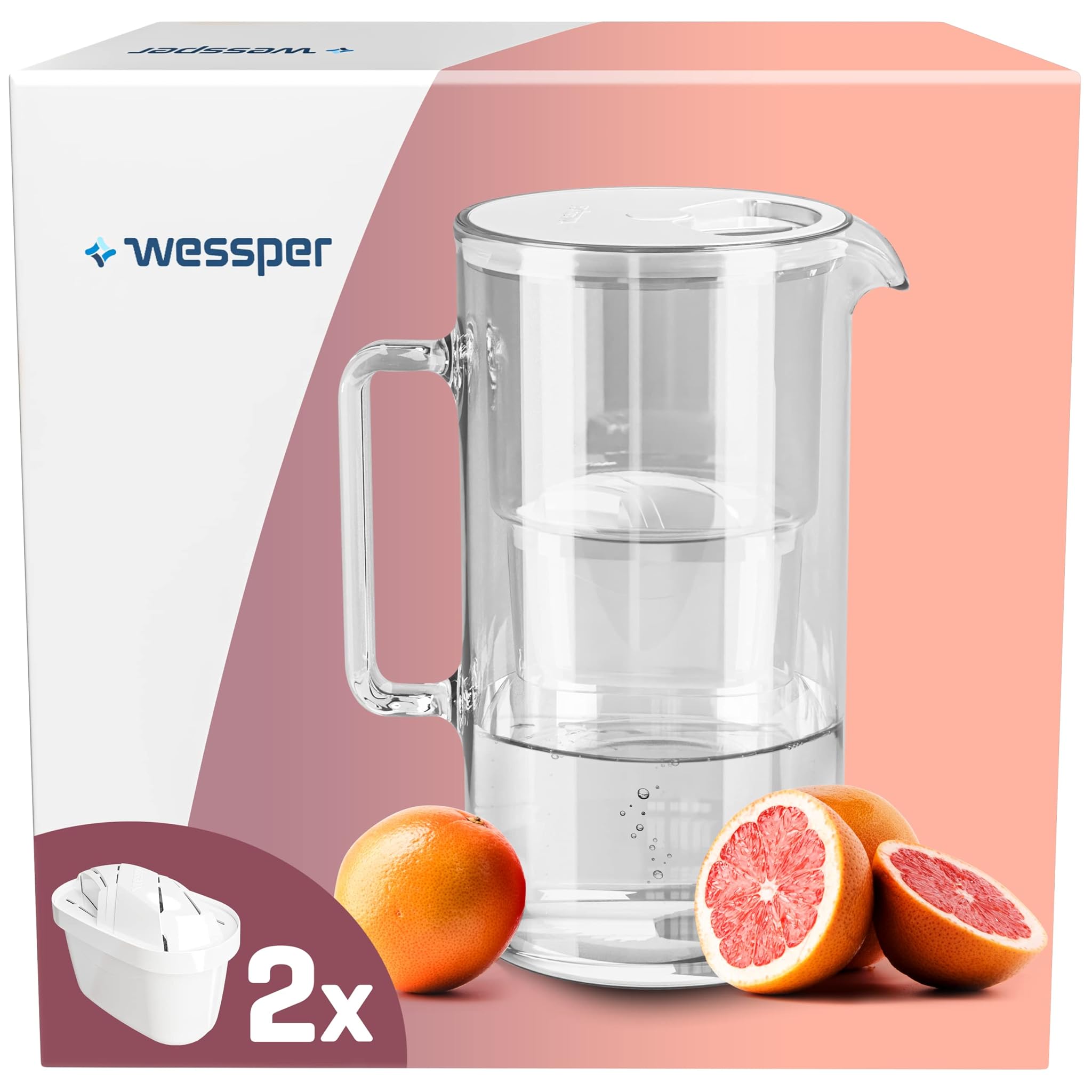 Wessper Caraffa Filtrante Vetro da 2,5 L + 2 Cartucce, Compatibile con Filtro Brita Maxtra, Maxtra+, Brocca Filtrante Aqua BPA Free - Bianco