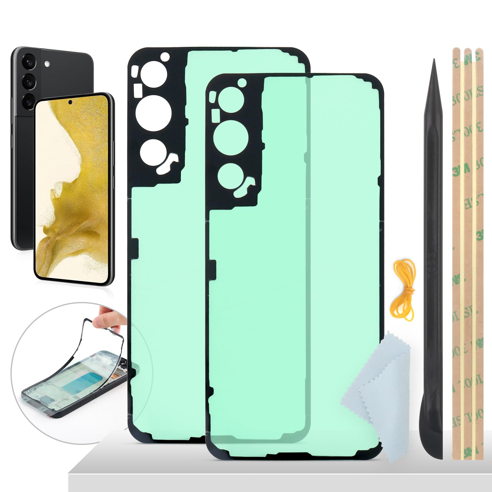 2 pezzi copribatteria impermeabile per Samsung Galaxy S22 5G coperchio batteria guarnizione adesivo adesivo adesivo + piede di porco + elastico + panno per la pulizia dello schermo