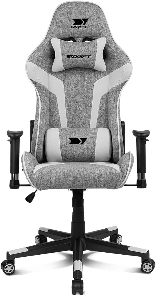 DRIFT GAMING Chair DR90 -DR90GW - Sedia da gioco, tessuto traspirante, braccioli imbottiti 2D, base in nylon rinforzato, pistone classe 4, inclinazione, cuscino lombare/cervicale, grigio/bianco