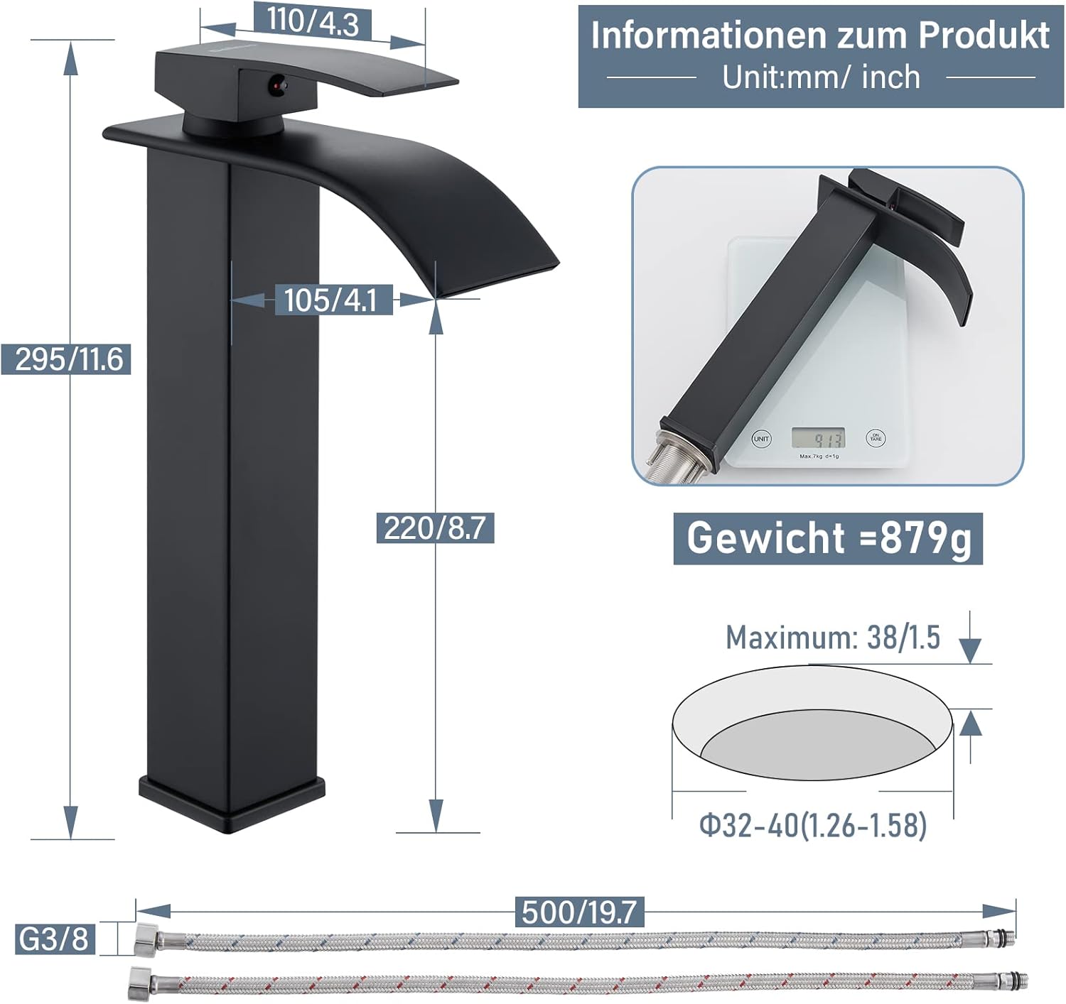 Dolinvo Rubinetto Bagno Nero Cascata Monocomando - immagine 2