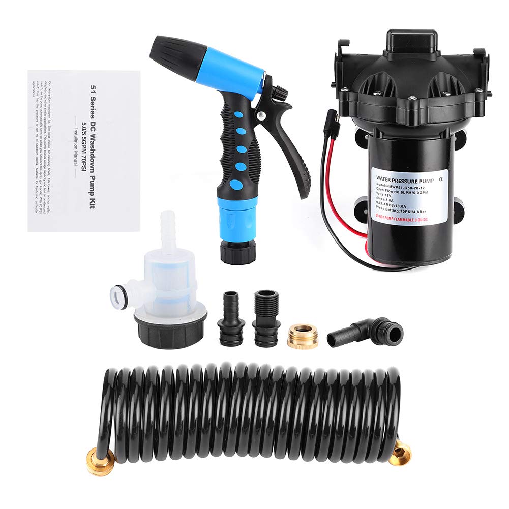 EVTSCAN 12V 5.0 GPM 70 PSI Kit di Pompa Marine Washdown ad Alta Pressione, con Tubo, Ugello Spray, Autoadescamento fino a 6 ft, per Acqua Salata, Barche da Pesca, Ponte, Molo