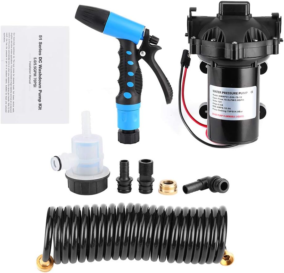 EVTSCAN 12V 5.0 GPM 70 PSI Kit di Pompa Marine Washdown ad Alta Pressione, con Tubo, Ugello Spray, Autoadescamento fino a 6 ft, per Acqua Salata, Barche da Pesca, Ponte, Molo - immagine 1