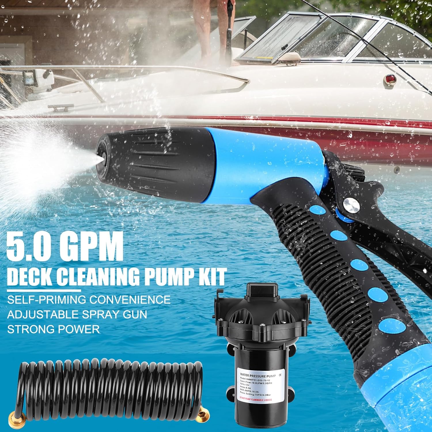 EVTSCAN 12V 5.0 GPM 70 PSI Kit di Pompa Marine Washdown ad Alta Pressione, con Tubo, Ugello Spray, Autoadescamento fino a 6 ft, per Acqua Salata, Barche da Pesca, Ponte, Molo - immagine 2