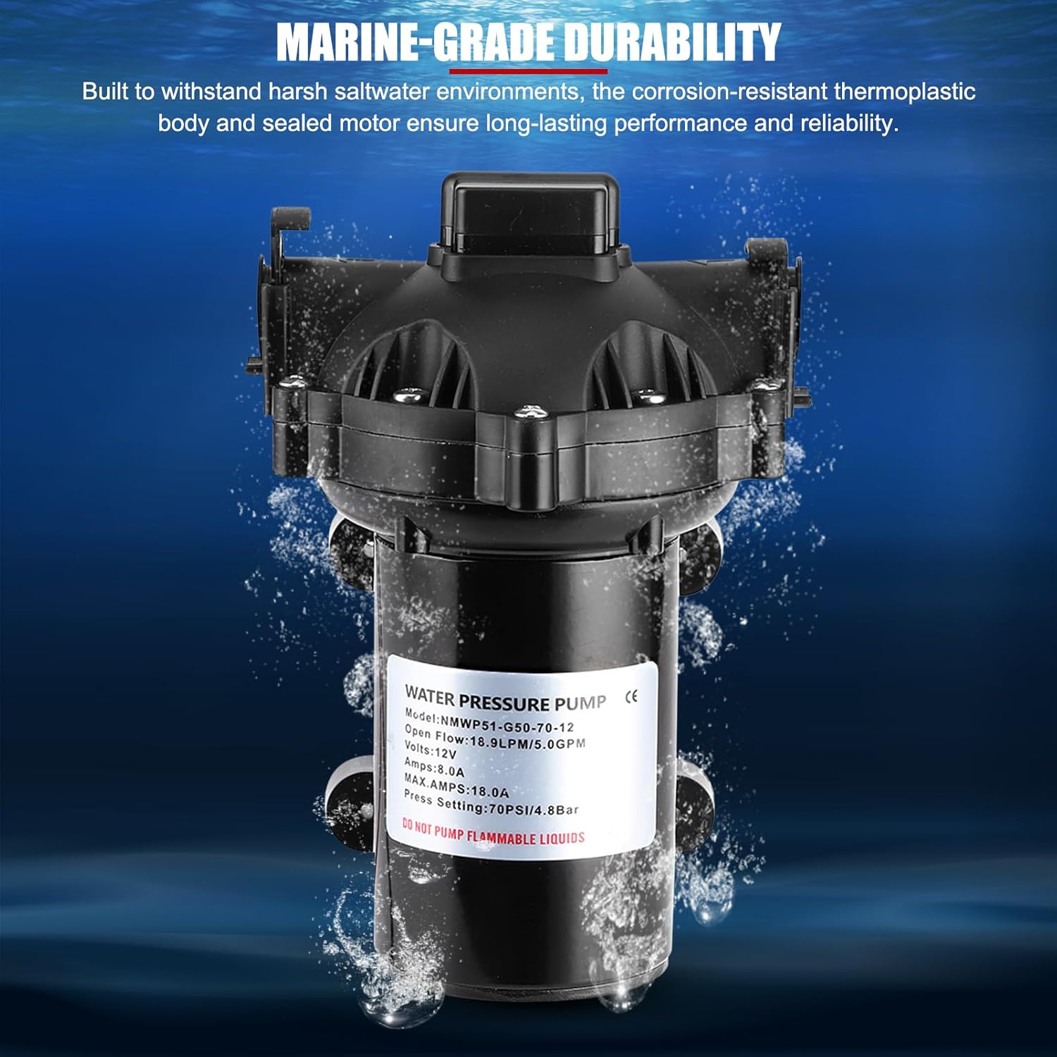 EVTSCAN 12V 5.0 GPM 70 PSI Kit di Pompa Marine Washdown ad Alta Pressione, con Tubo, Ugello Spray, Autoadescamento fino a 6 ft, per Acqua Salata, Barche da Pesca, Ponte, Molo - immagine 3