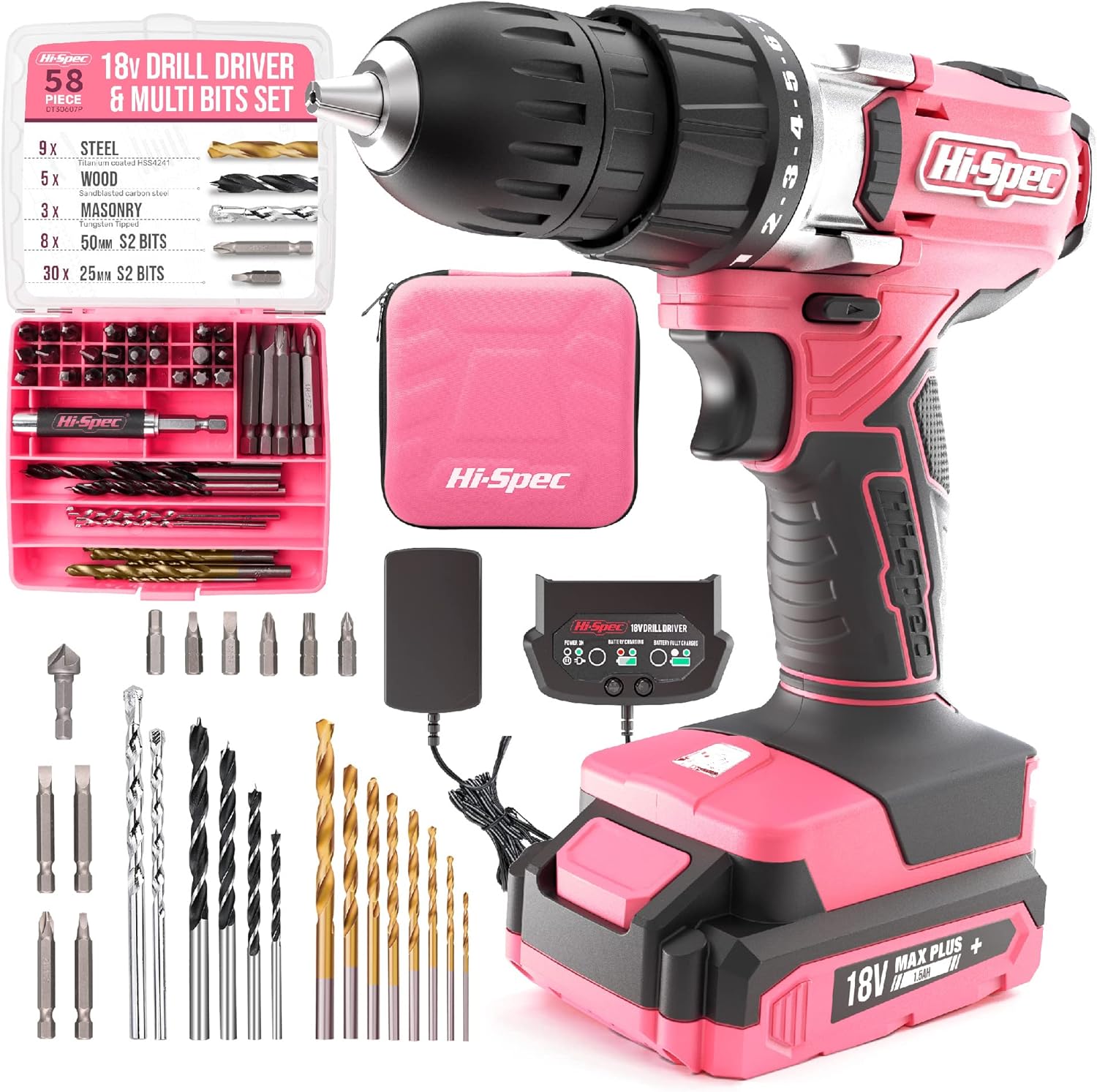 Hi-spec Set Trapano Avvitatore Rosa 18V 58 Pezzi