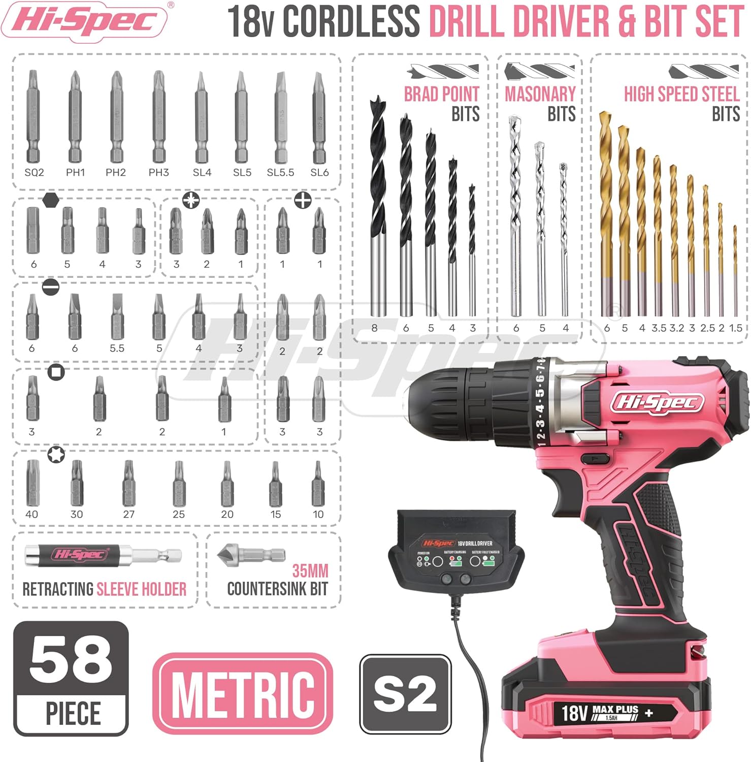 Hi-spec Set Trapano Avvitatore Rosa 18V 58 Pezzi - immagine 2