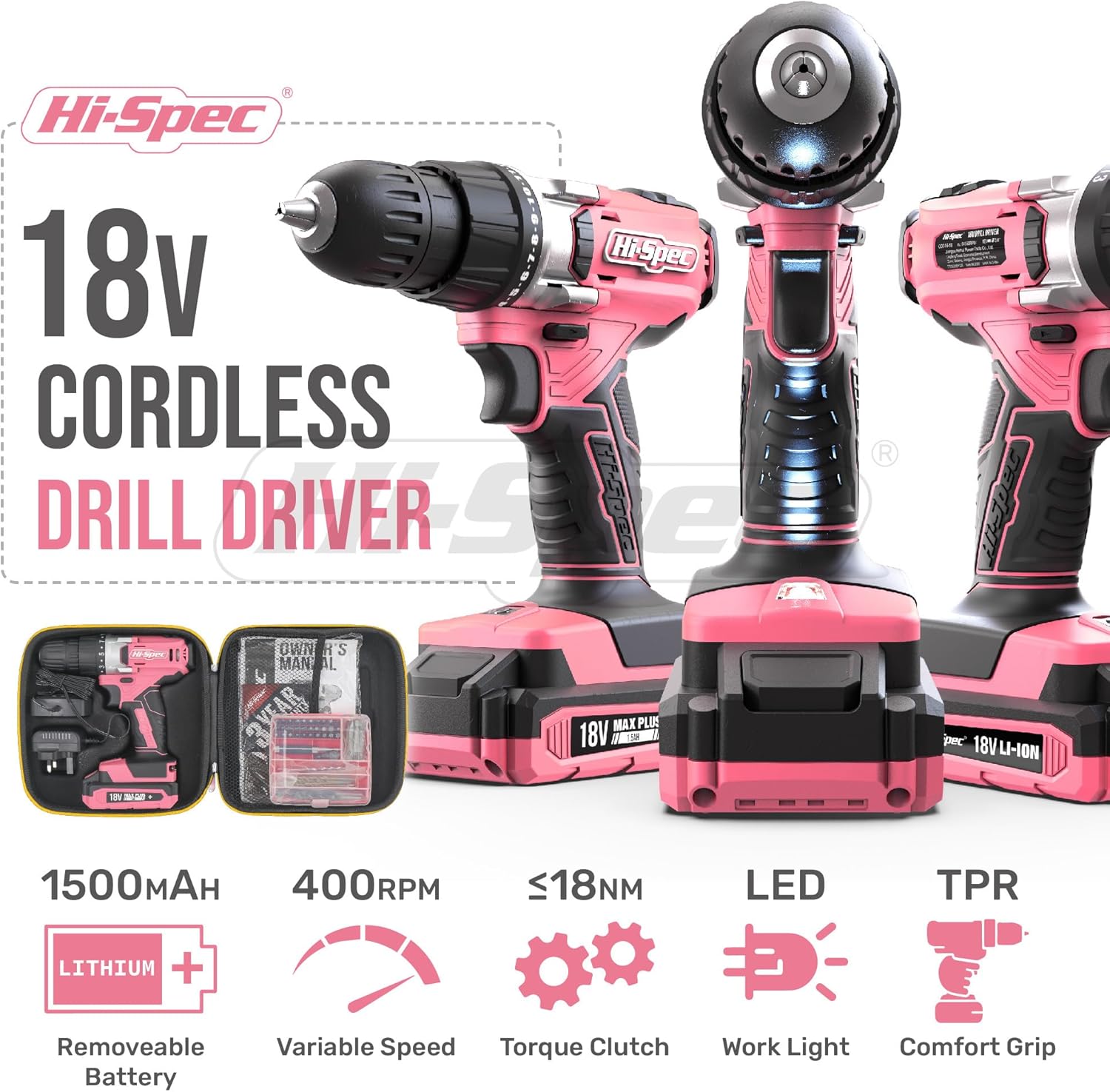 Hi-spec Set Trapano Avvitatore Rosa 18V 58 Pezzi - immagine 3
